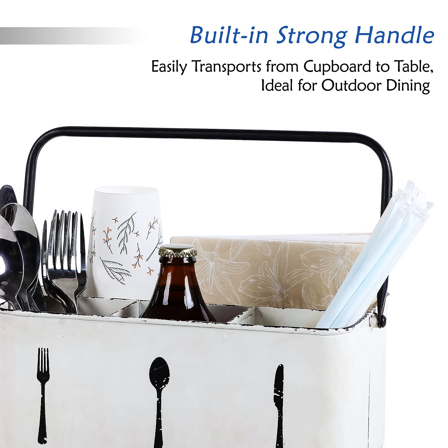Nikky Home Utensil Caddy, Farmhouse Rustic Metal Cutlery Silverware Caddy With 4 Compartments, Flatware Holder Organizer For Kit