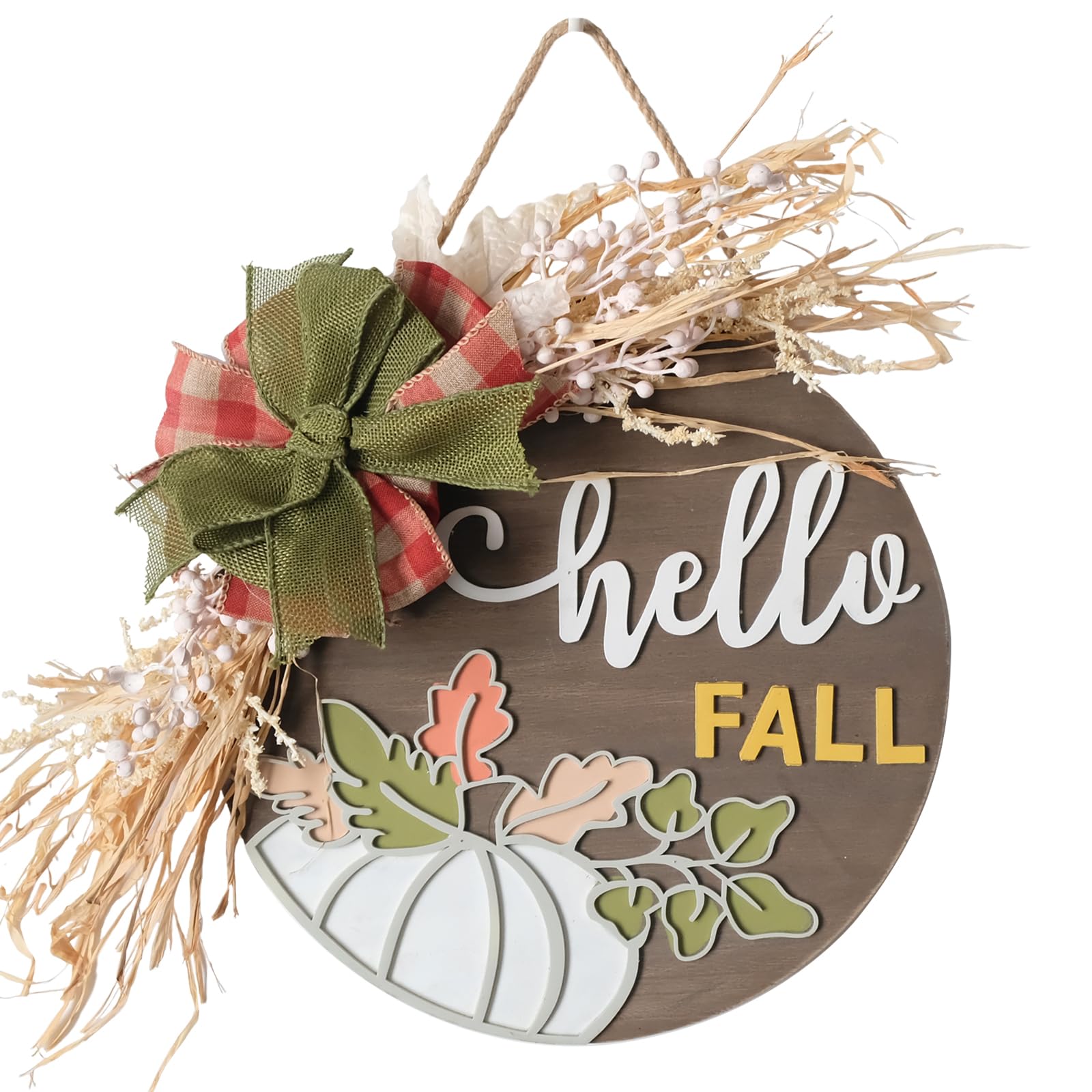 Pumpkin Hello Fall Door Sign Wreath with Burlap Bow & Natural Lafite Grass Maple Leaves - 14 Fall Door Hanger Farmhouse Porch De