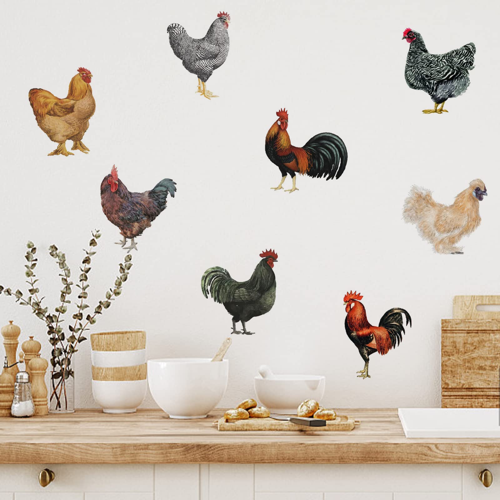 PLIGREAT Roosters Hens Wall Stickers - Removable Vinyl Decals for Kitchen, Pantry, Nursery, Farmhouse Decor