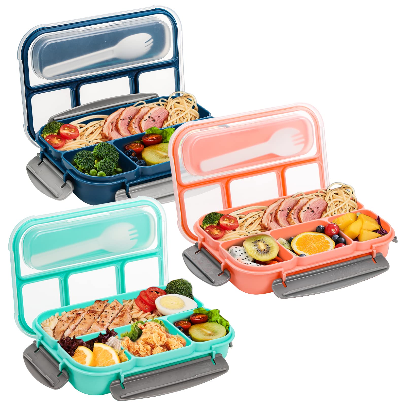 Okllen 3 Pack Bento Lunch Boxes With Spoon And 4 Compartment, Plastic Meal Prep Containers With Lids, Leakproof Food Storage Sna