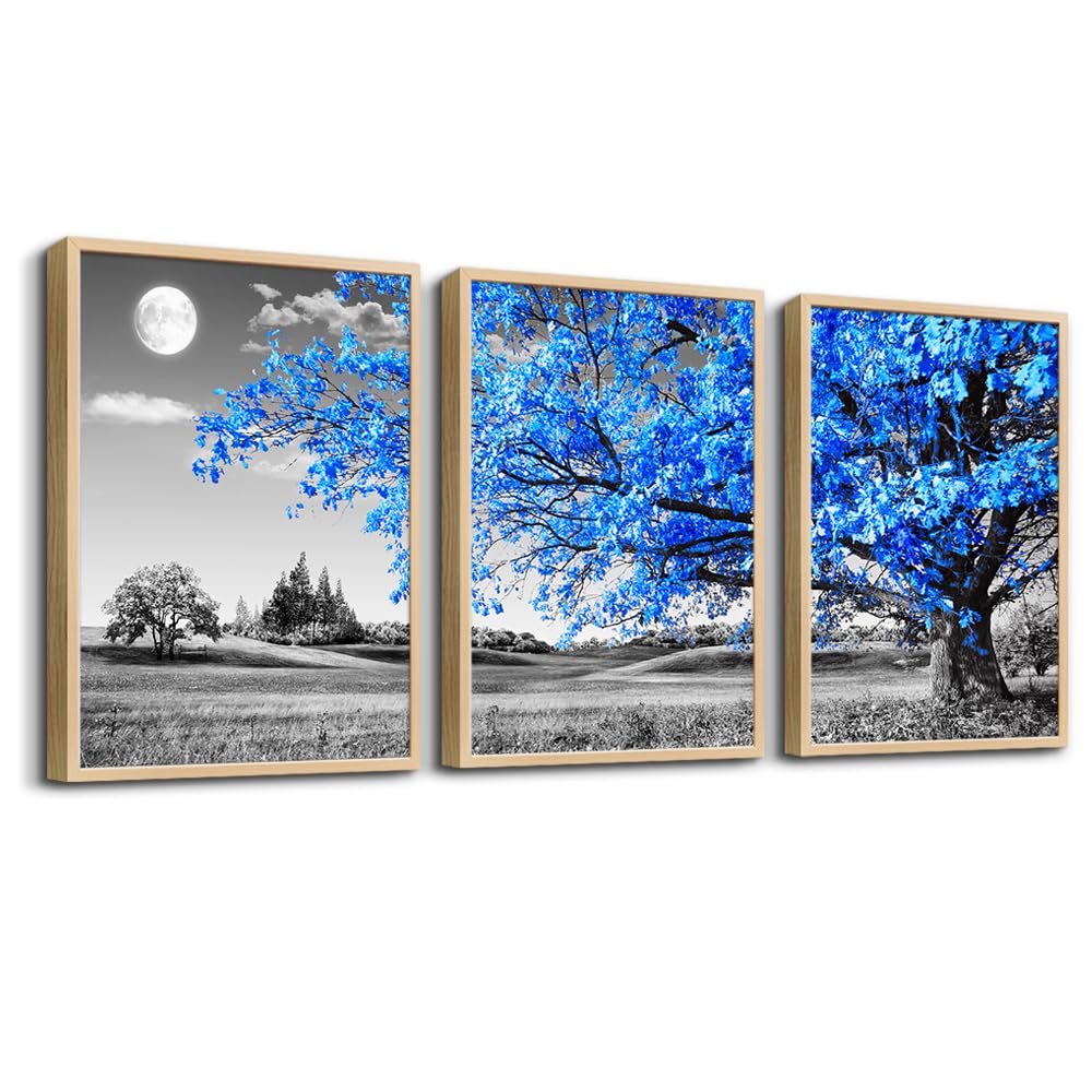 Natural Wood Framed Wall Art For Living Room Wall Decoration For Bedroom Black And White Wall Pictures Large Size Wall Decor Blu