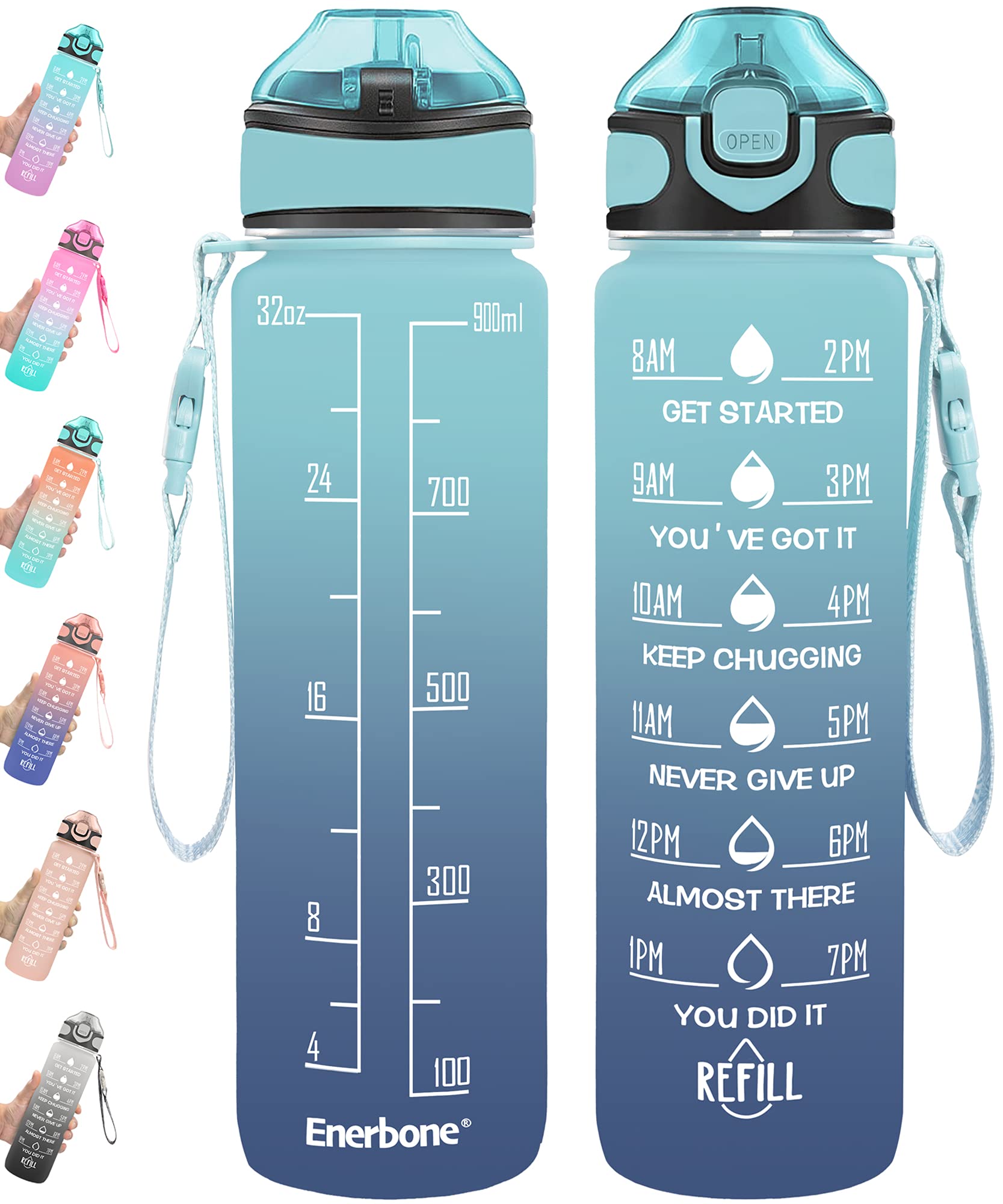 Enerbone 32 Oz Water Bottle With Times To Drink And Straw, Motivational Drinking Water Bottles With Carrying Strap, Leakproof Bp
