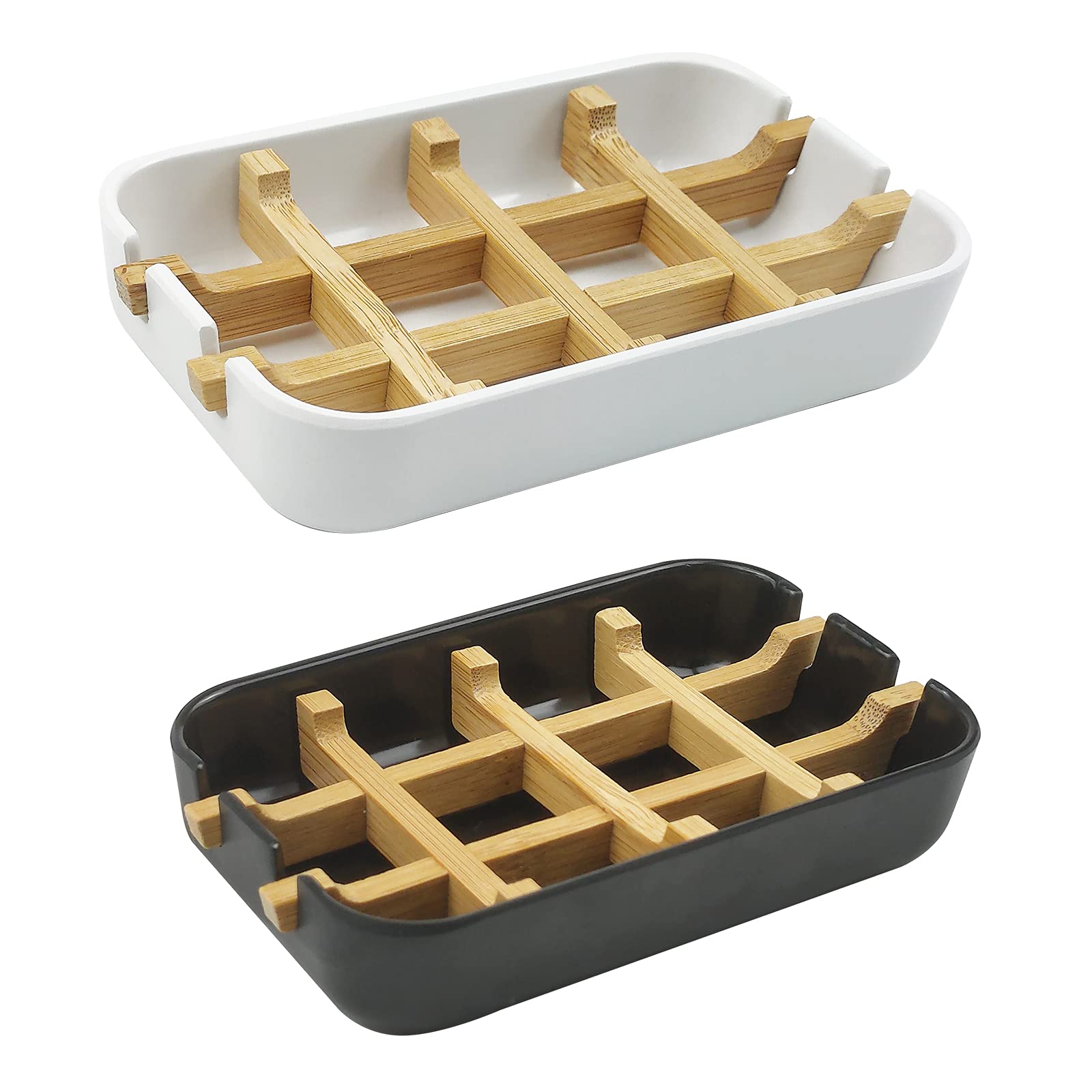 Soap Dish, 2 Pack Bamboo Self-Draining Soap Box, Soap Dishes Holder For Shower, Bathroom, Kitchen, Bathtub, Bar Sink (White And