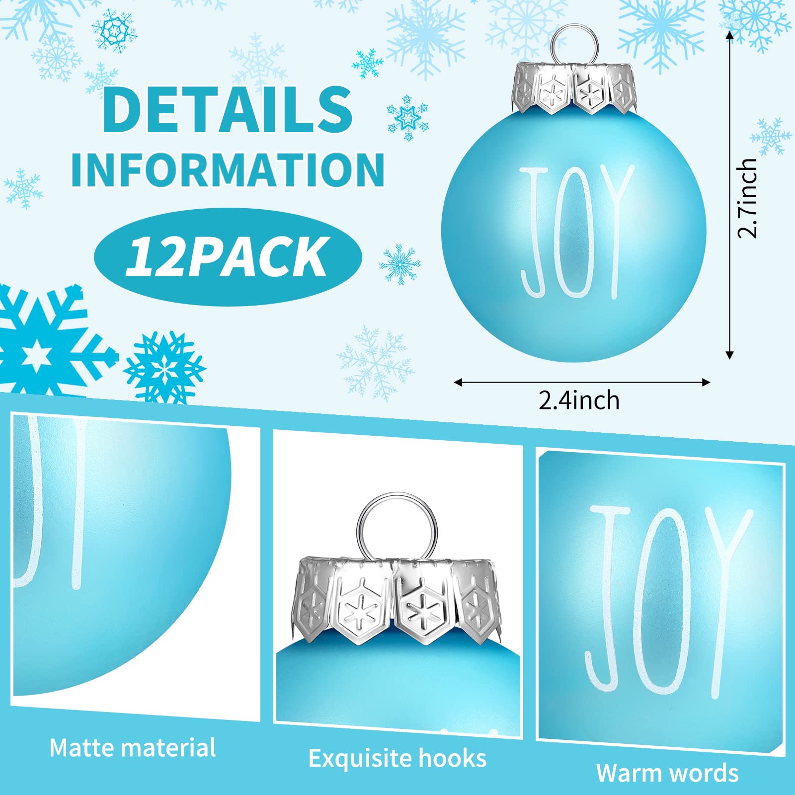 Jetec 12 Pcs Christmas Ball Ornaments for Tree 2.4 Inch Blue and White Christmas Snowflake Tree Decorations Plastic Shatterproof