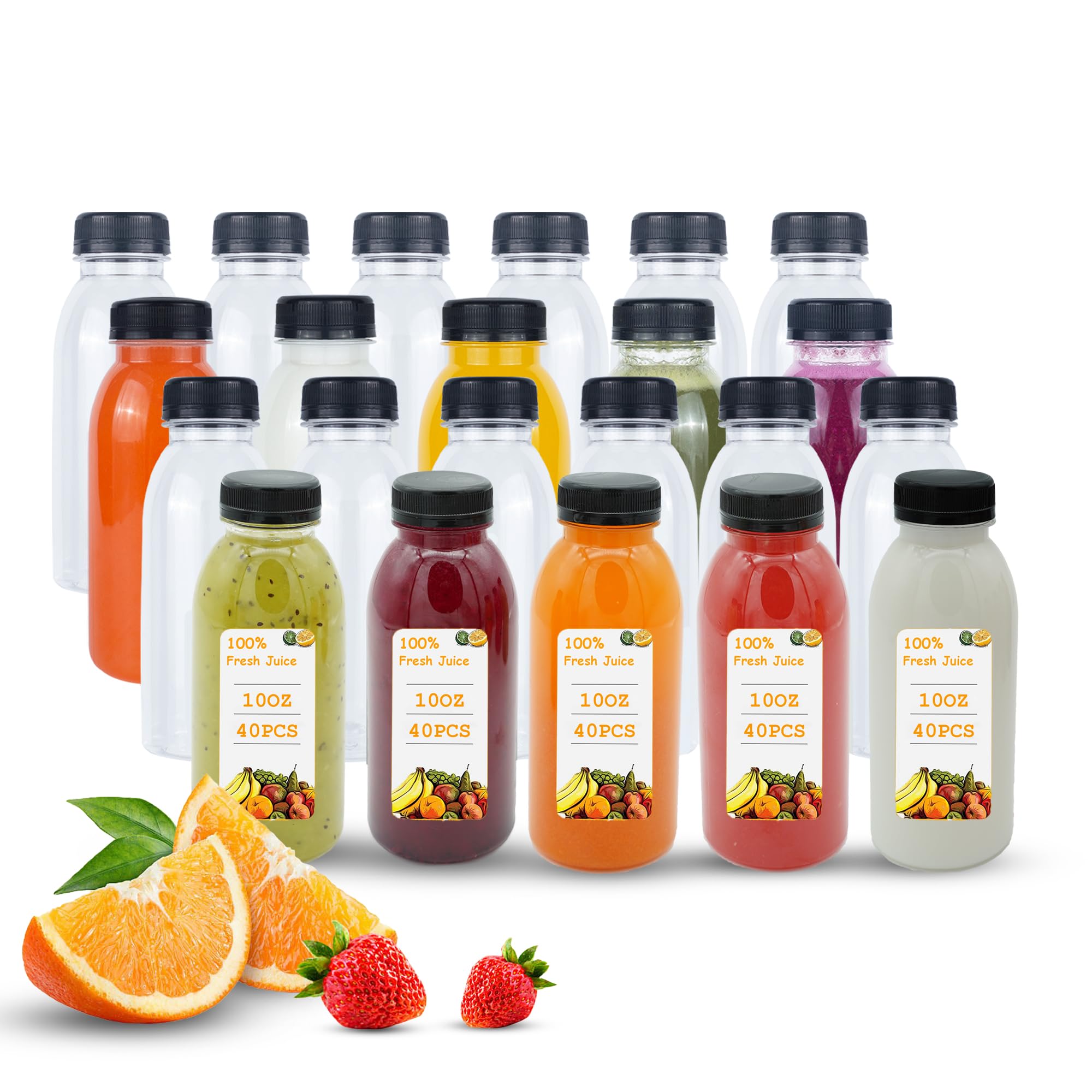 Holotap 42 Pcs 10 OZ Plastic Bottles with Caps, Empty PET Clear Disposable Bulk Juice Bottles with Black Tamper Evident Lids for