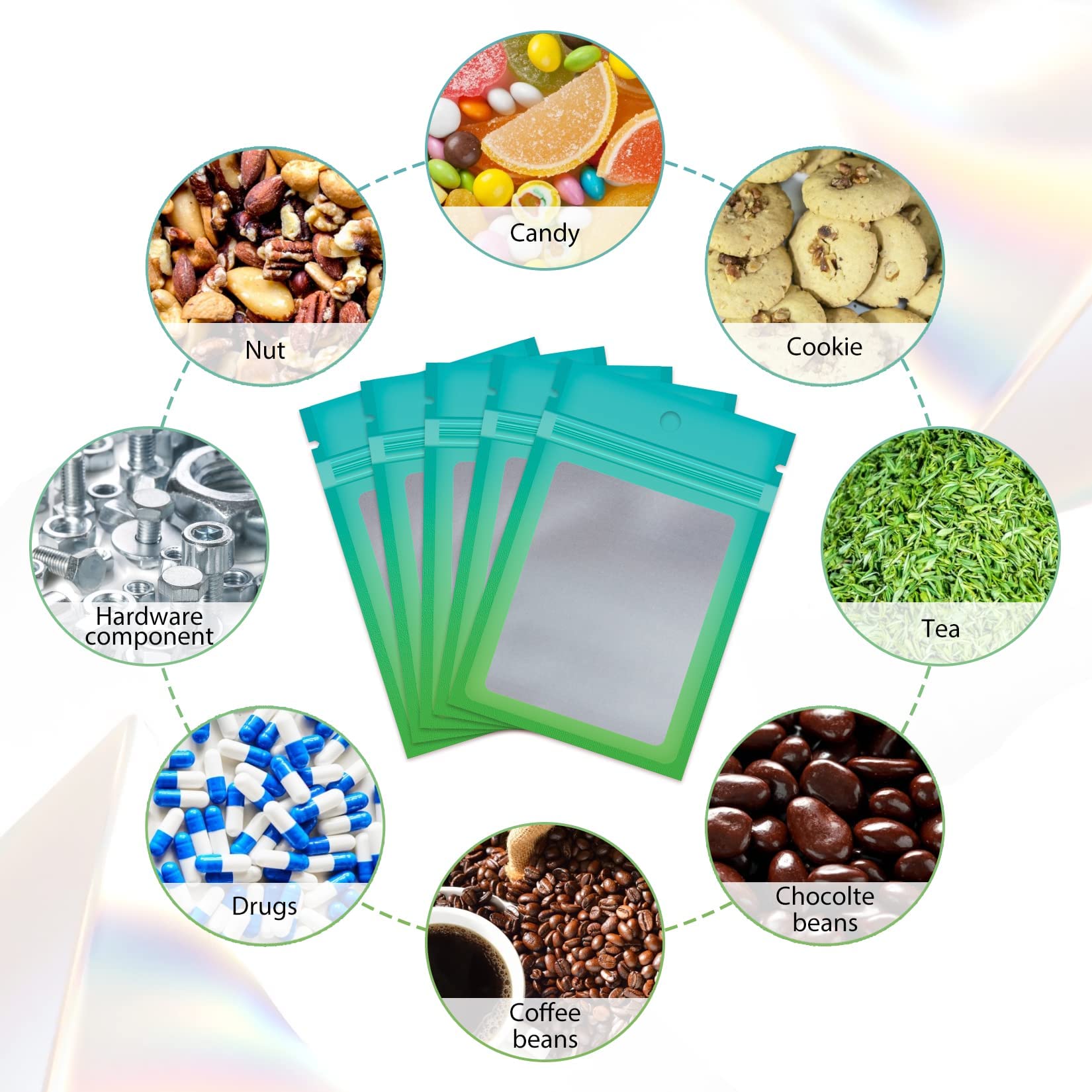 Funfery 100 Pack Resealable Bags Smell Proof Bags for Food Storage Clear Cute Mylar Bags for Small Business Foil Pouch Ziplock Packaging Bags for Sample Jewelry Eyelash Gloss(Blue Green  4?6in)