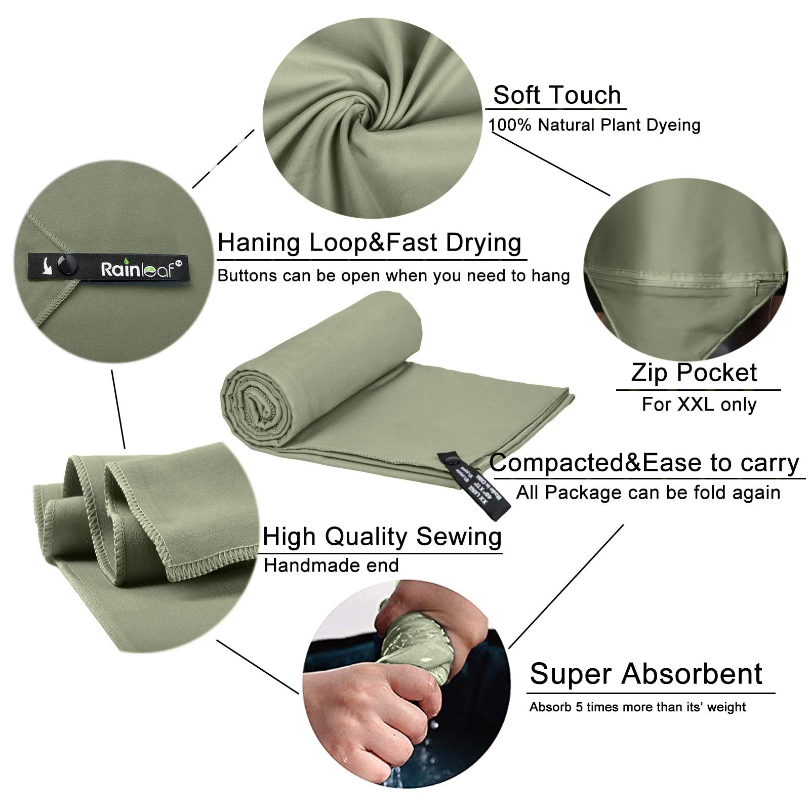 Rainleaf Microfiber Towel Army Green 16 X 32 Inches