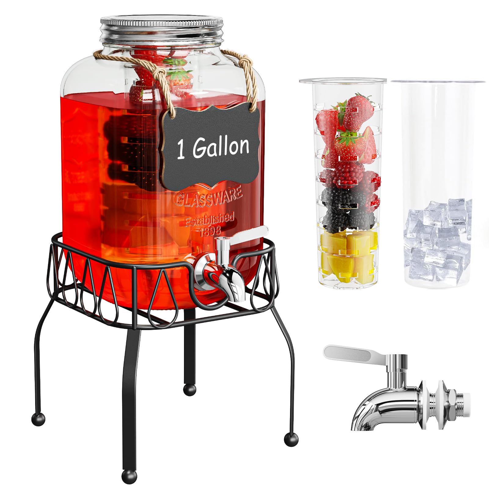 Onedream Glass Drink Dispenser For Parties, 1Gallon Beverage Dispenserd With Stand, Lemonade Dispenser With Stainless Steel Spig