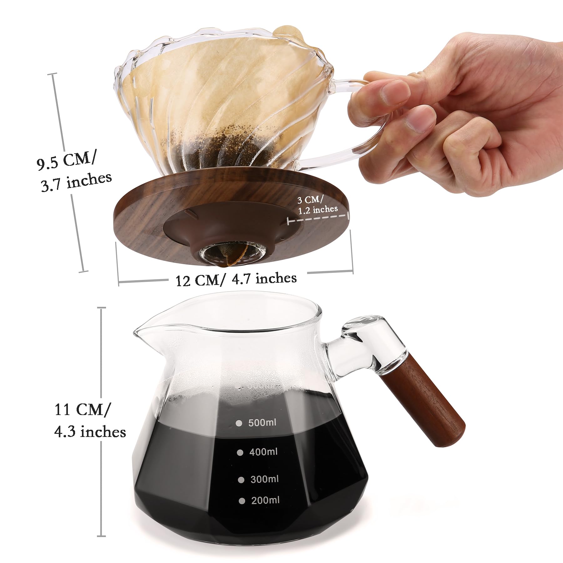 Lalord Pour Over Coffee Maker, 20 Oz Borosilicate Glass Set With 100 Pcs V60 Paper Filter, Coffee Dripper With Walnut Collar, Co