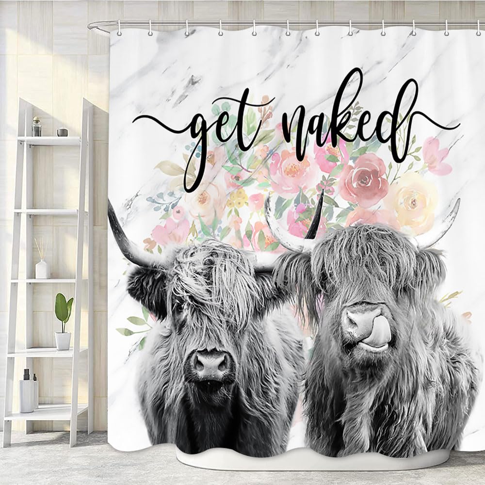 Western Cow Shower Curtain 60*72 Inch Highland Cow Bathroom Decor Get Naked Country Shower Curtains Set Rustic Farmhouse Style F