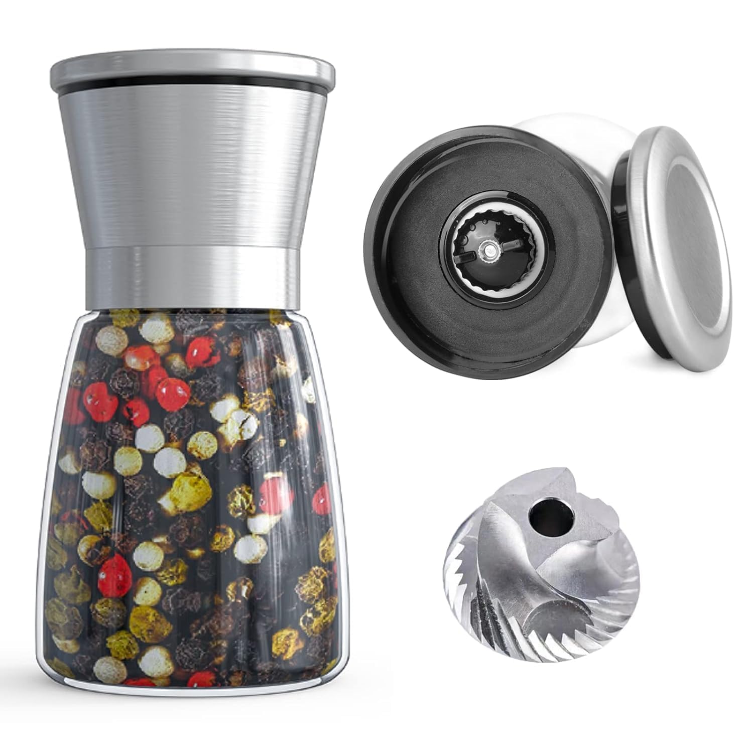 Stainless Steel Salt & Pepper Grinder with Lid  Ceramic Blades Glass Body Spice & Salt Shaker Adjustable Coarseness Pepper & Salt Mill