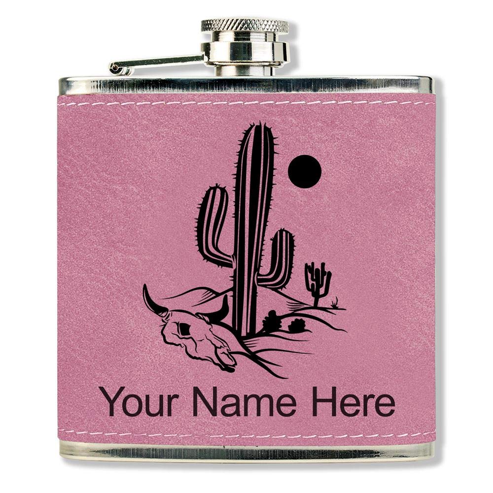 LaserGram Faux Leather Flask, Cactus, Personalized Engraving Included (Pink)