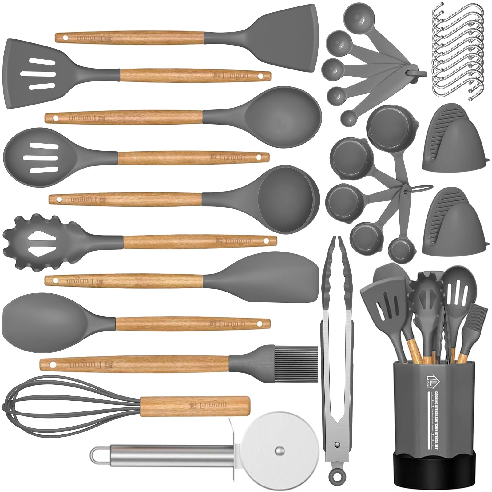 Silicone Cooking Utensil Set, 35 Pcs Kitchen Utensils By Fungun, Non-Stick Heat Resistant Kitchen Gadgets Cookware With Natural