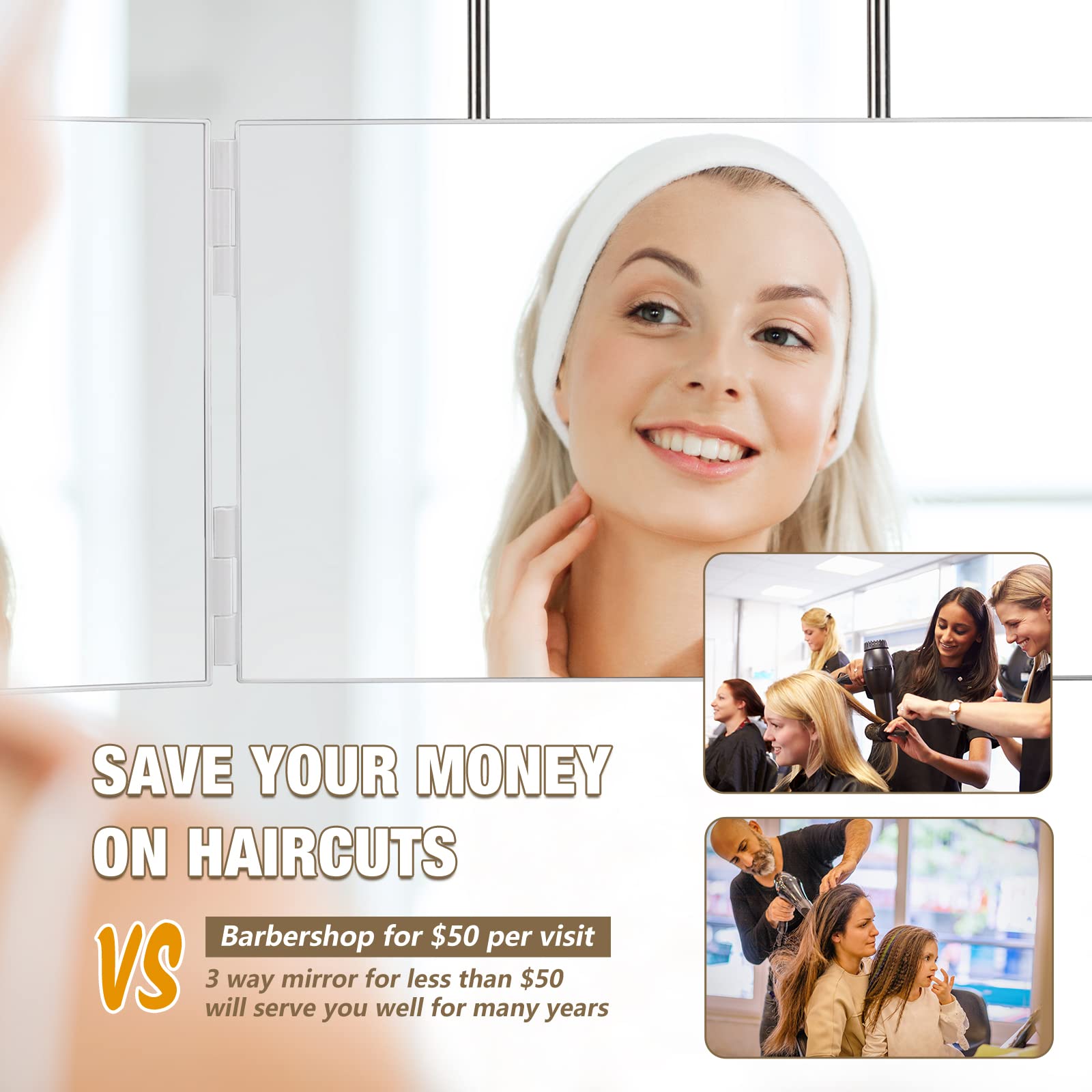 Dripex 3 Way Mirror For Self Hair Cutting, 360 Mirror For Men Or Women, Trifold Self Haircut Mirror With Height Adjustable Hooks