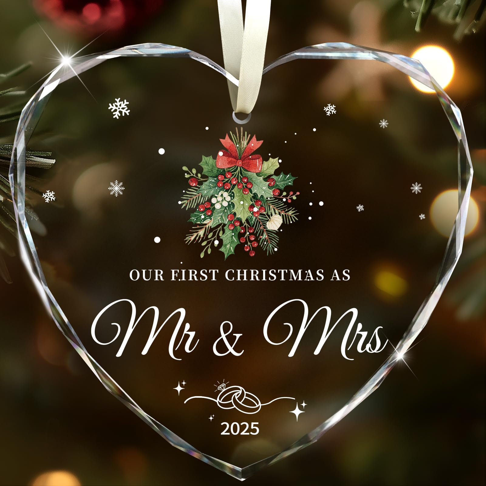 Wedding Gifts for Couples 2025, Our First Christmas as Mr and Mrs Ornament 2025 Engagement Gift Crystal Glass Ornament Newlywed 