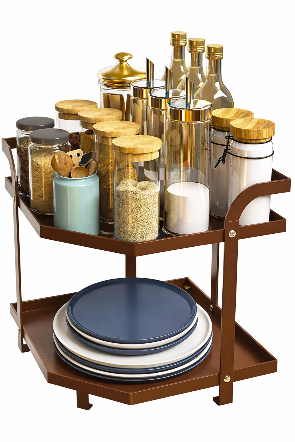 Ogfc 59520 Decorative Alloy Steel TwoTier Corner Shelf Kitchen Counter Rack  Cabinet Pantry Organizer, Plate Shelf, Spice Rack