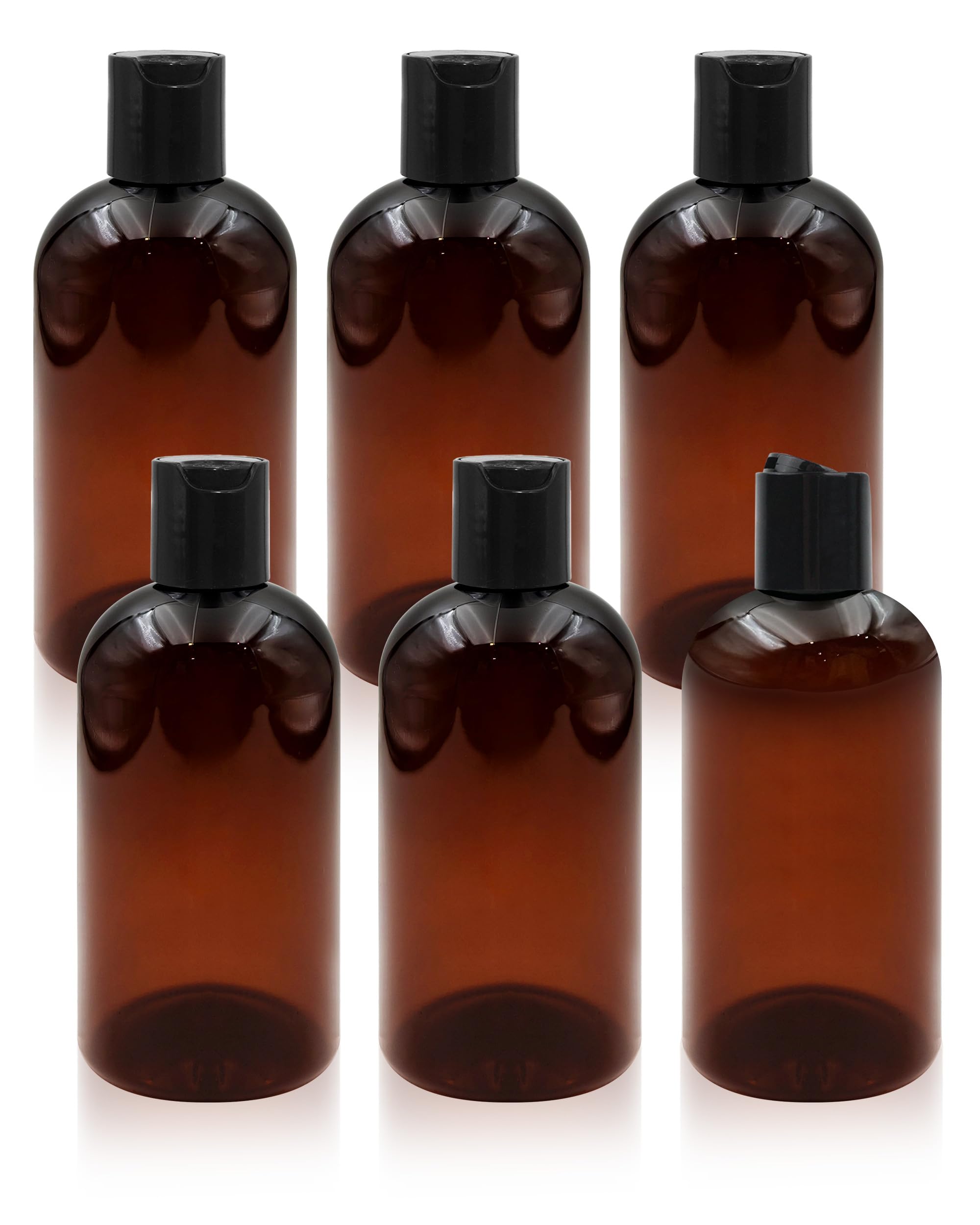 Neendohome 6 Pack 8 oz Amber Plastic Shampoo Bottles with Black Disc Caps Refillable Leak-Proof Travel Squeeze Containers for Co