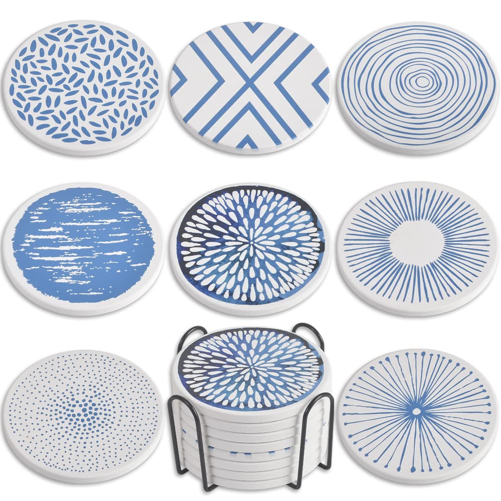 Newk coasters for Drinks  Set of 8 ceramic Absorbent coasters with Metal Holder  Mandala coasters for coffee Table  great Housewarming gifts