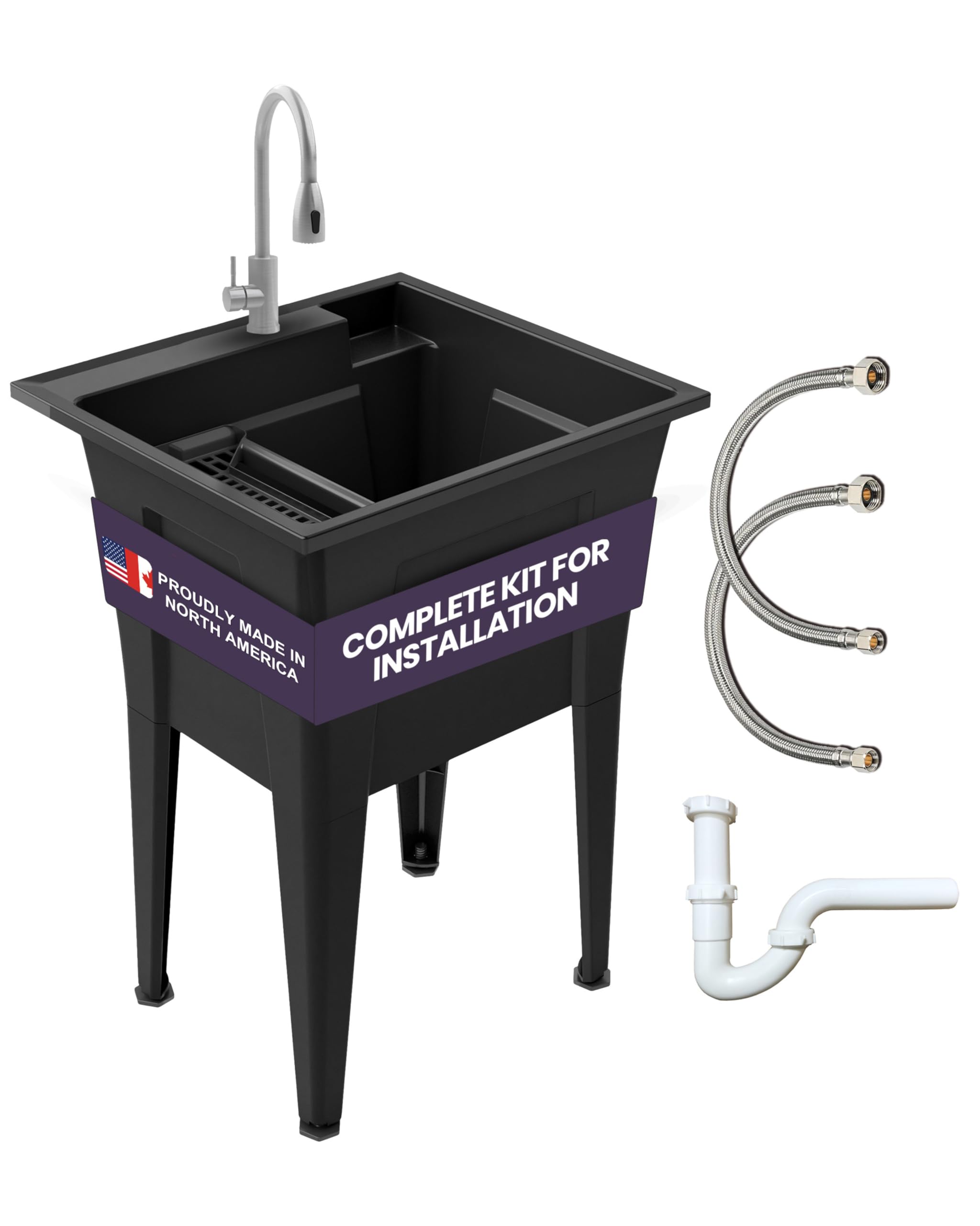 Freestanding Utility Sink with Two Handle Chrome Faucet - 24 Plastic Utility Sink for Garage, Laundry, Indoor and Oudoor Use - L