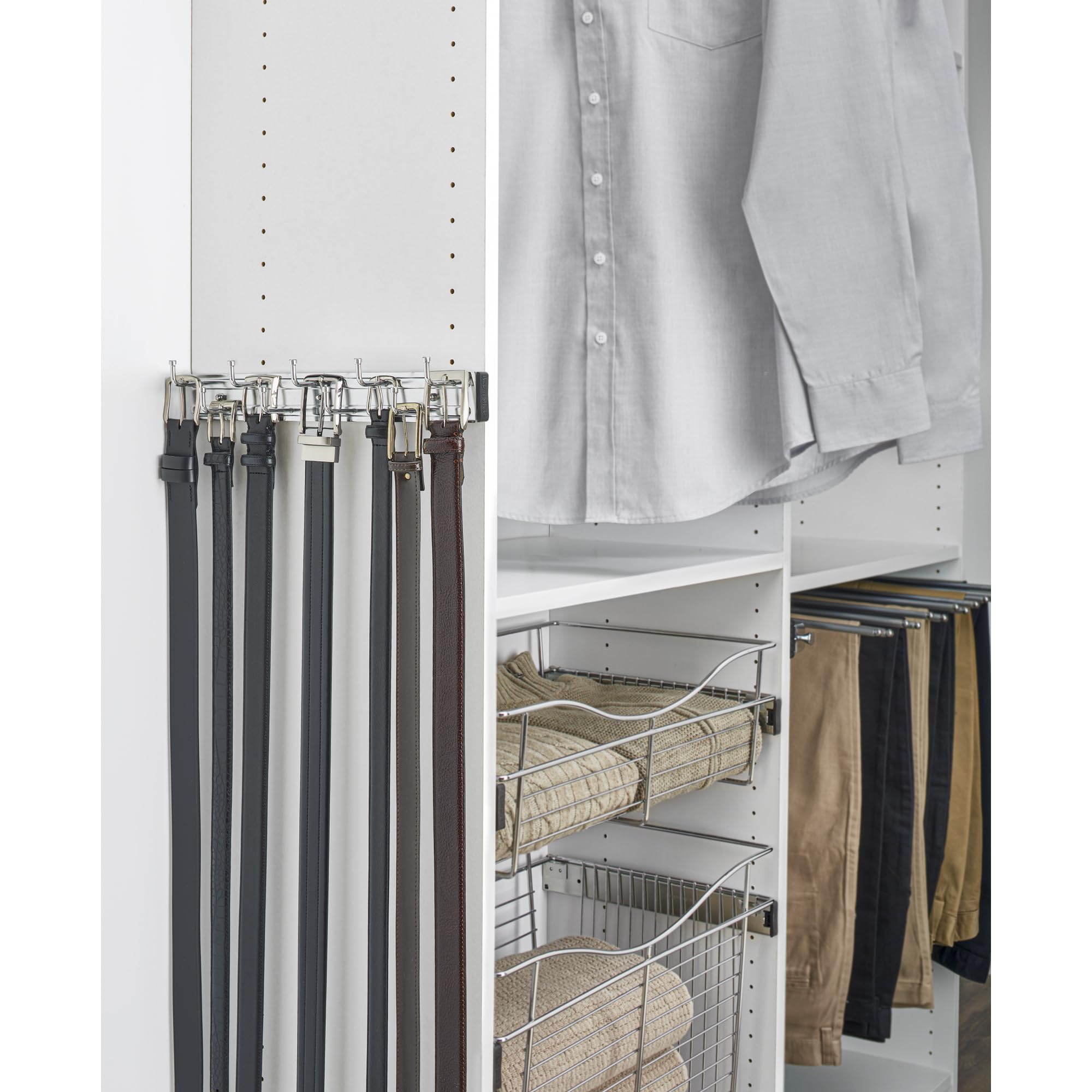 Rev-A-Shelf 14'' Pull Out Closet Organization Rack for Belts  Ties and Scarves  Accessories Storage Hanger with Mounting Hardware  Chrome  BRC-14CR