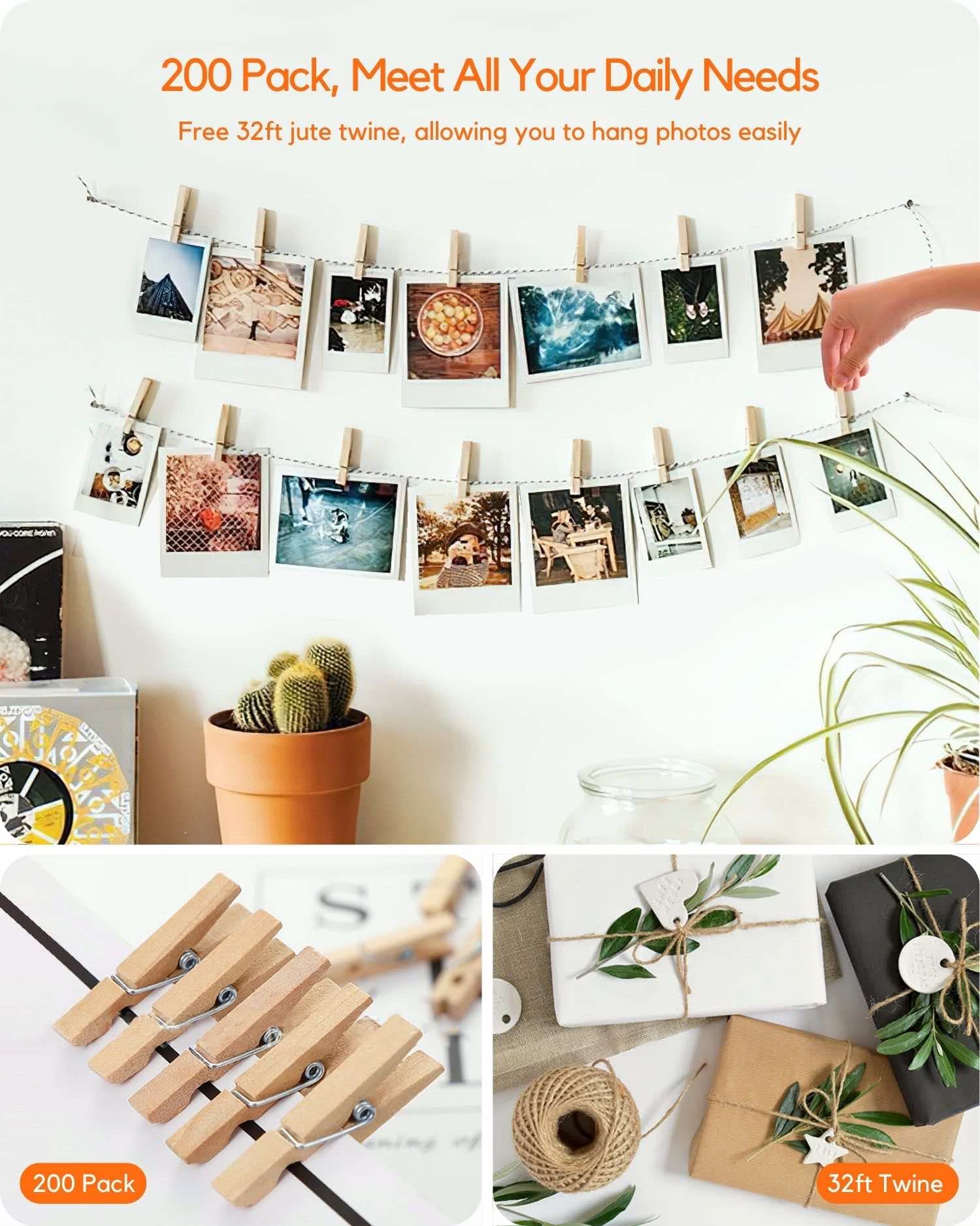 Mini Clothes Pins For Photo, Natural Small Wooden Clothespins 1 Inch Tiny Wood Decorative Clips Bulk, 33Ft Jute Twine And Clothe