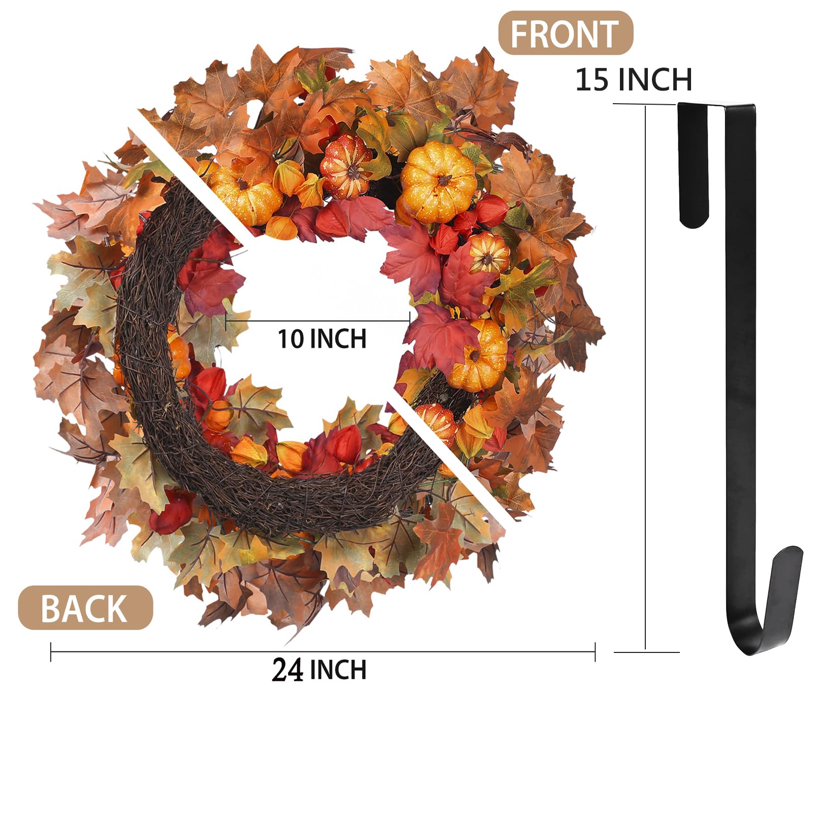 DFRREN 24 Inch Thanksgiving Fall Wreath, Autumn Wreaths for Front Door Halloween Wreath with Pumpkin Red Lantern Fruit Maple Lea