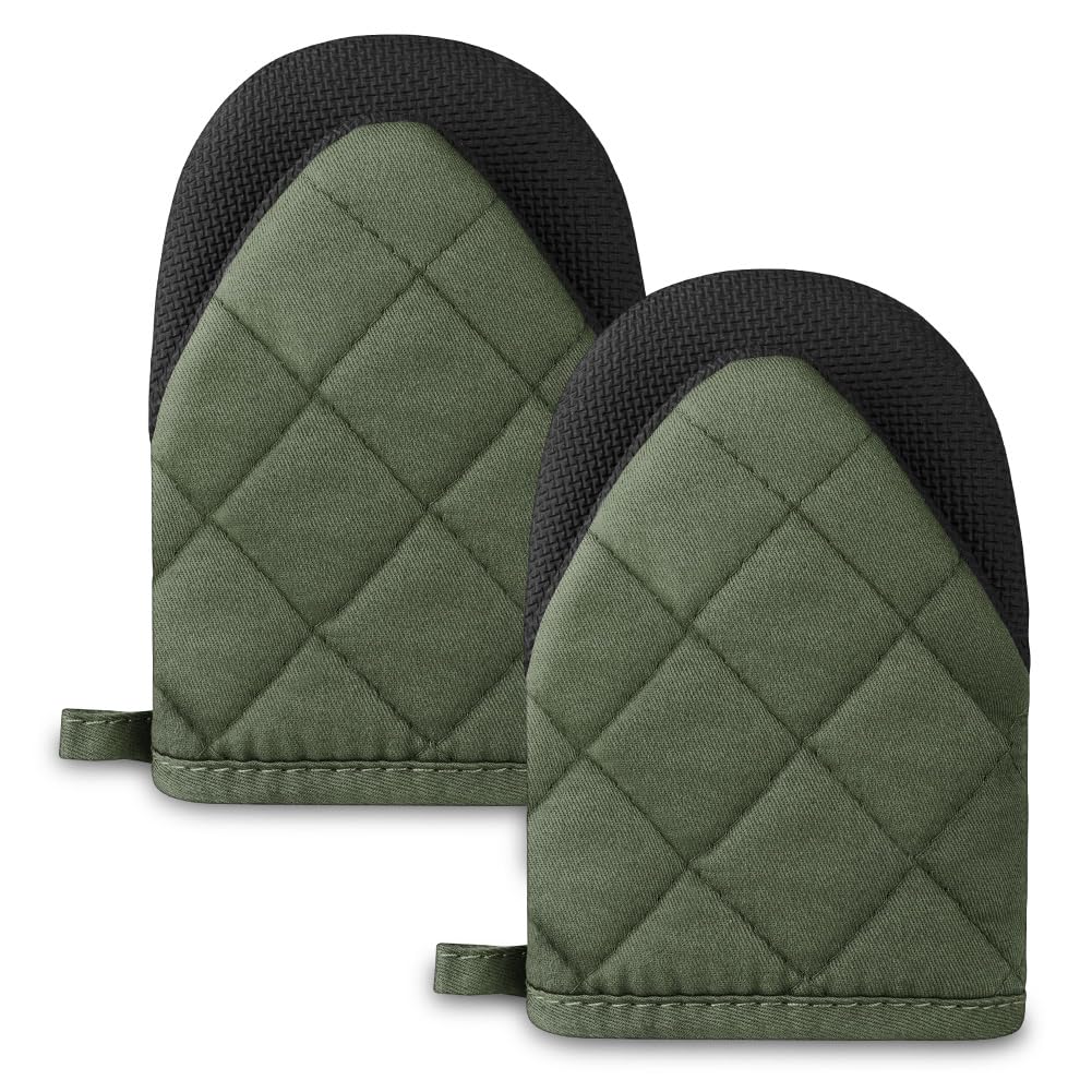 Auauy Mini Oven Mitts, 2 Count Green Small Oven Mitt 220?/428F Heat Resistant With Non-Slip Surface And Hanging Loop Mits, Kitch