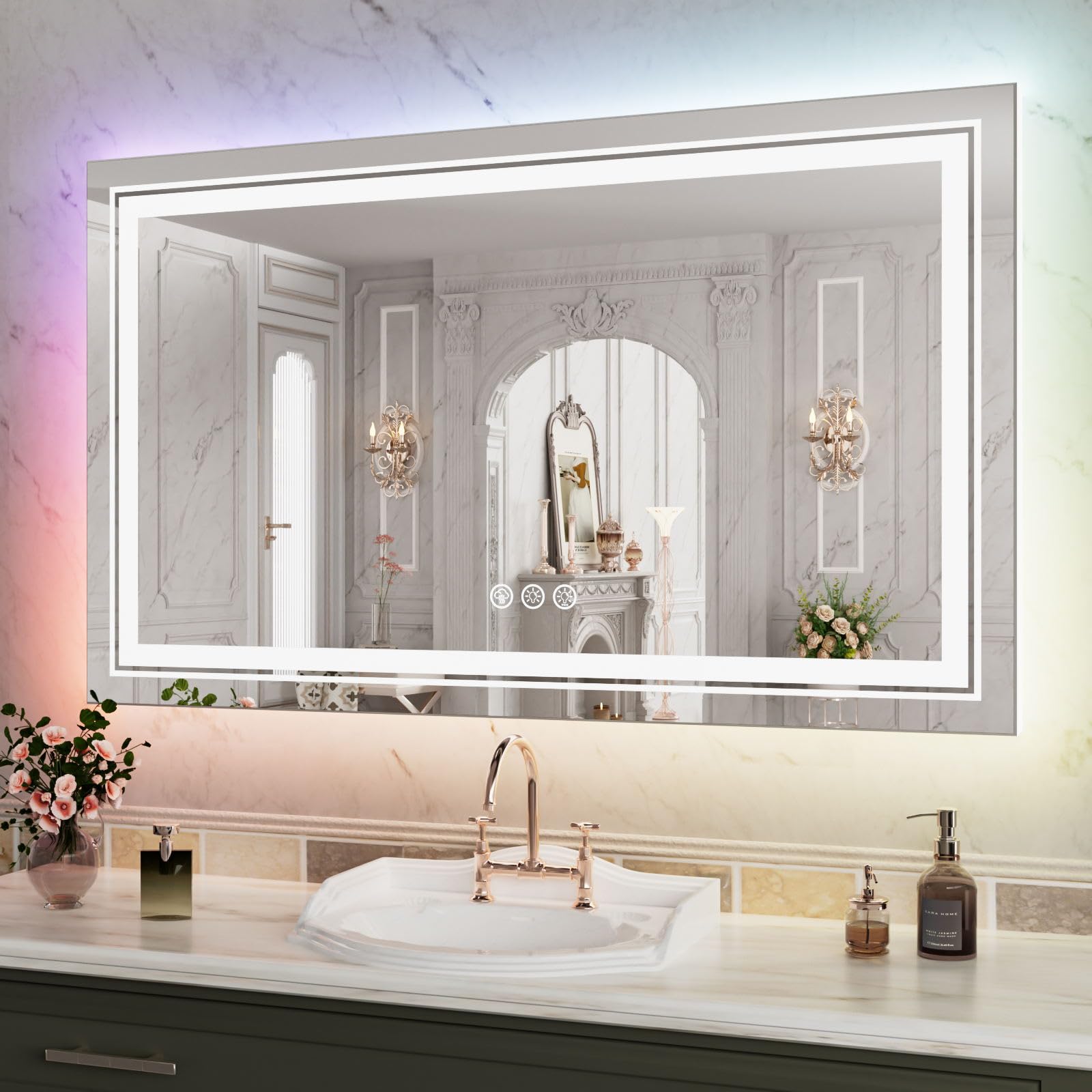 Wtty Rgb Led Bathroom Mirror 40''X24'' With Backlit And 3 Front Light,Stepless Dimmable Led Mirror For Bathroom,Lighted Bathroom