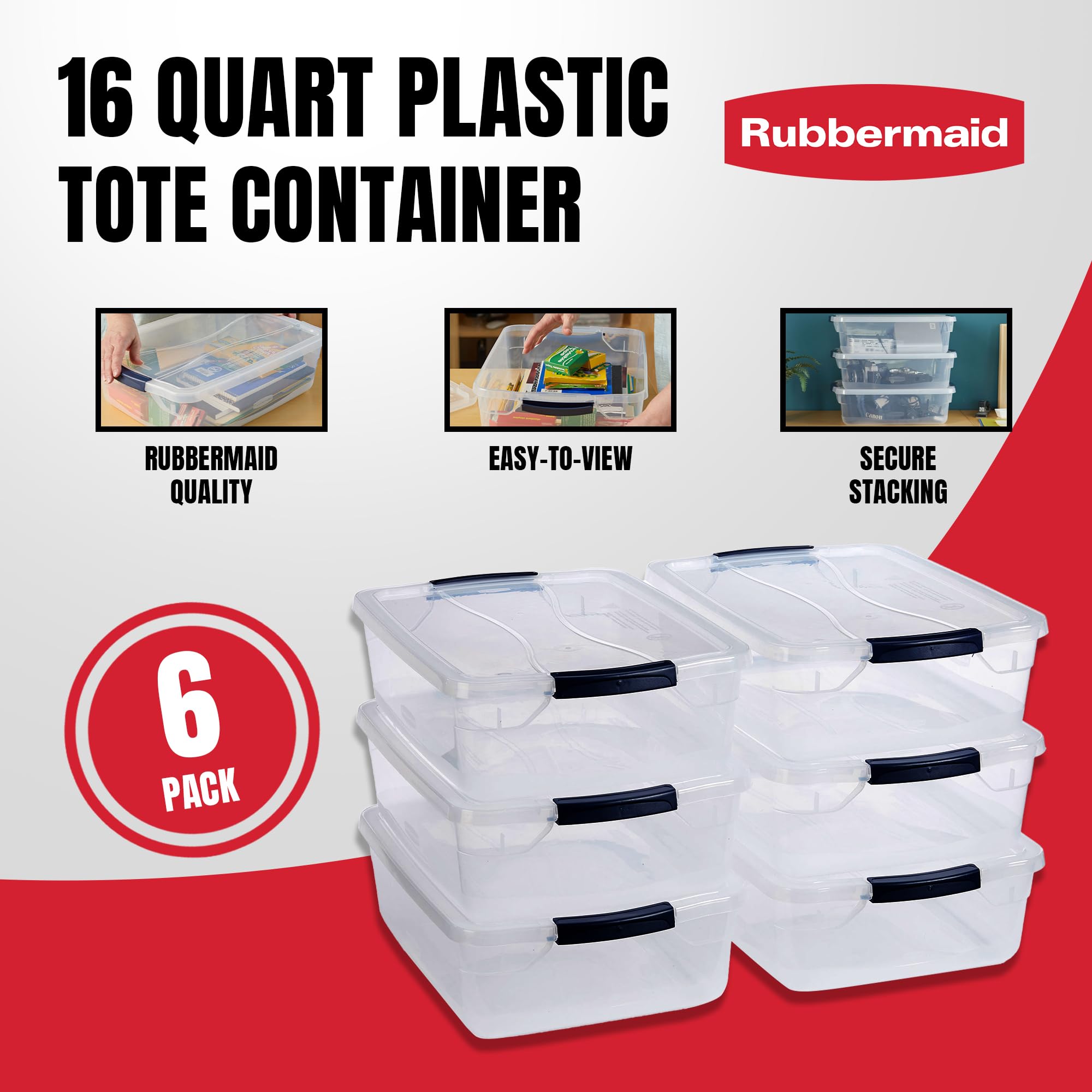 Rubbermaid Cleverstore Clear 16 Qt, 6-Pack, Made In Usa, Stackable Clear Storage Bins With Lids, See-Through Plastic Storage, Wi