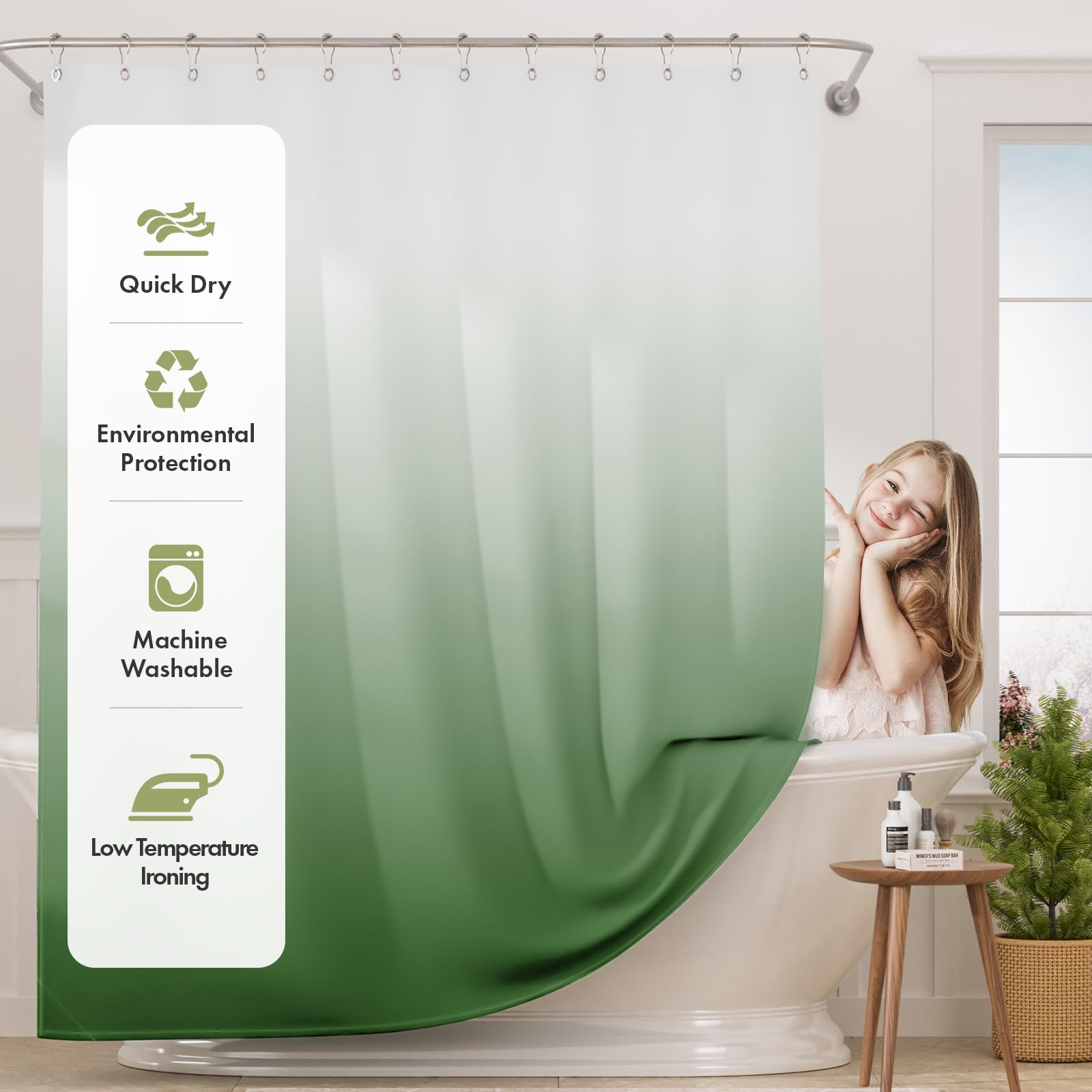 AmazerBath Fabric Shower Curtain Set  Ombre Grass Green Shower Curtain with 12 Shower Curtain Hooks  Rustic Cloth Green and White Shower Curtain  Cute Washable Bathroom Shower Curtain  72x72 Inches