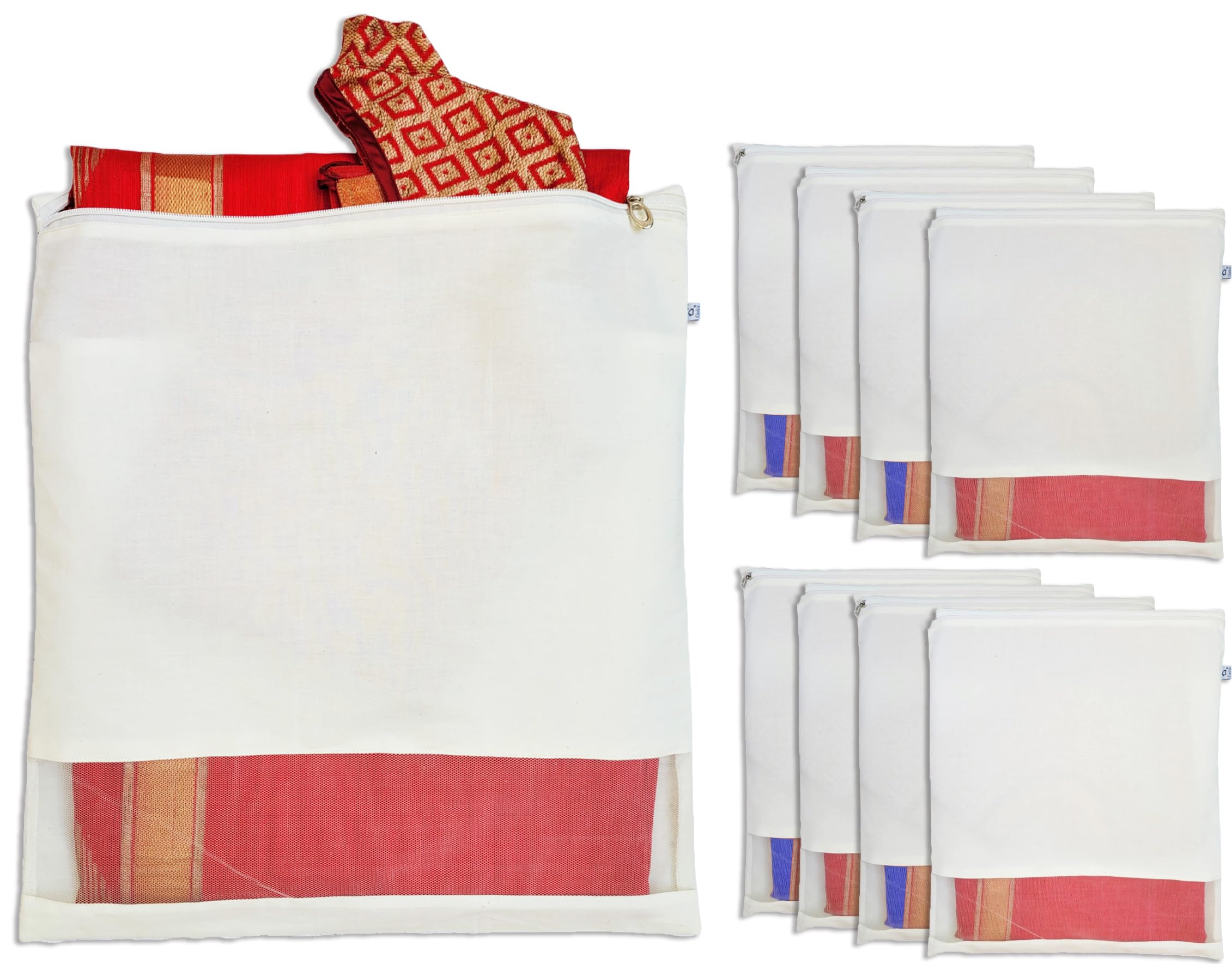 Clarkia Pack Of 24 Reusable Cotton Saree Cover With Blouse Compartment Big Size For Storage, Wardrobe Organizer Bags Saree Bags 