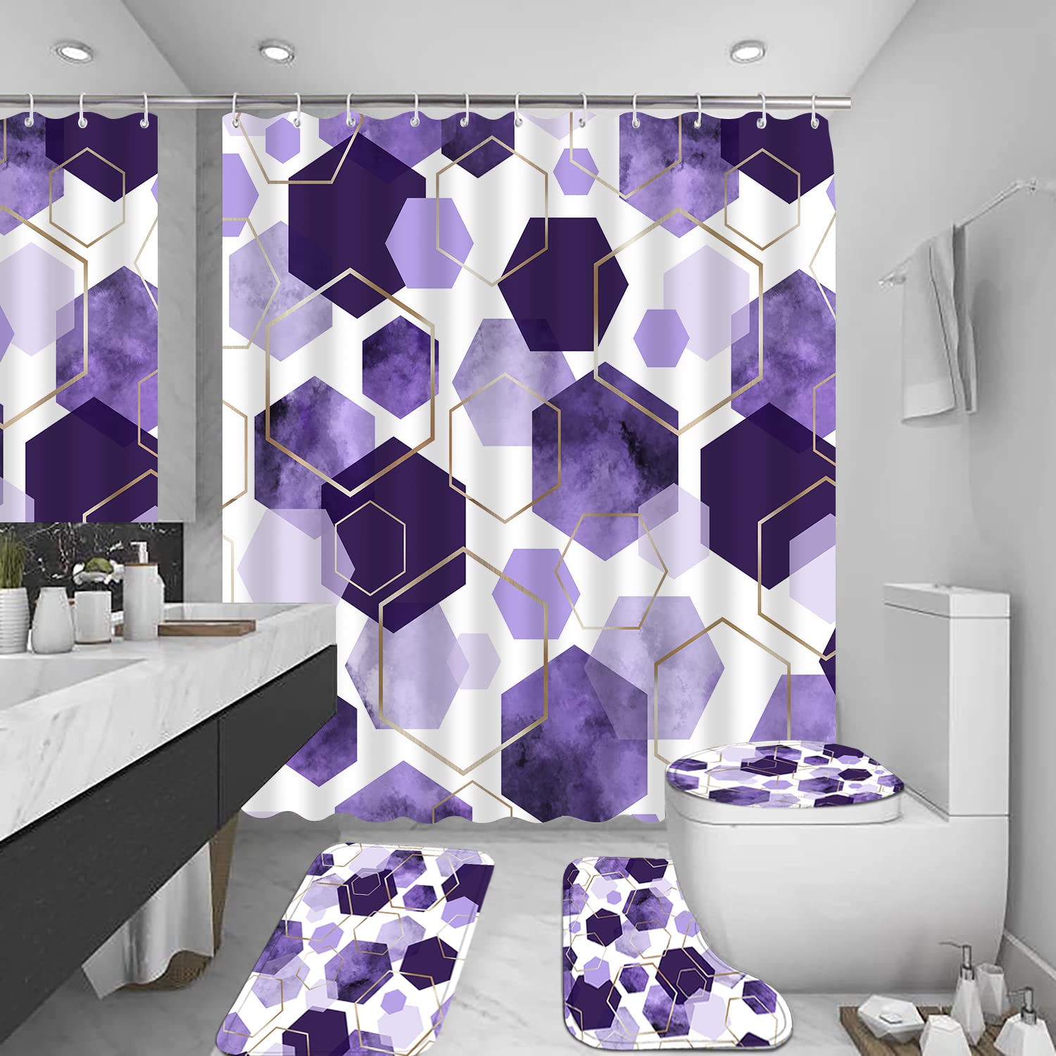Lqcool 4Pcs Purple Shower Curtain Set Marble Grain Geometric Bathroom Set Lavender Abstract Bathroom Curtain Set With 12 Hooks,