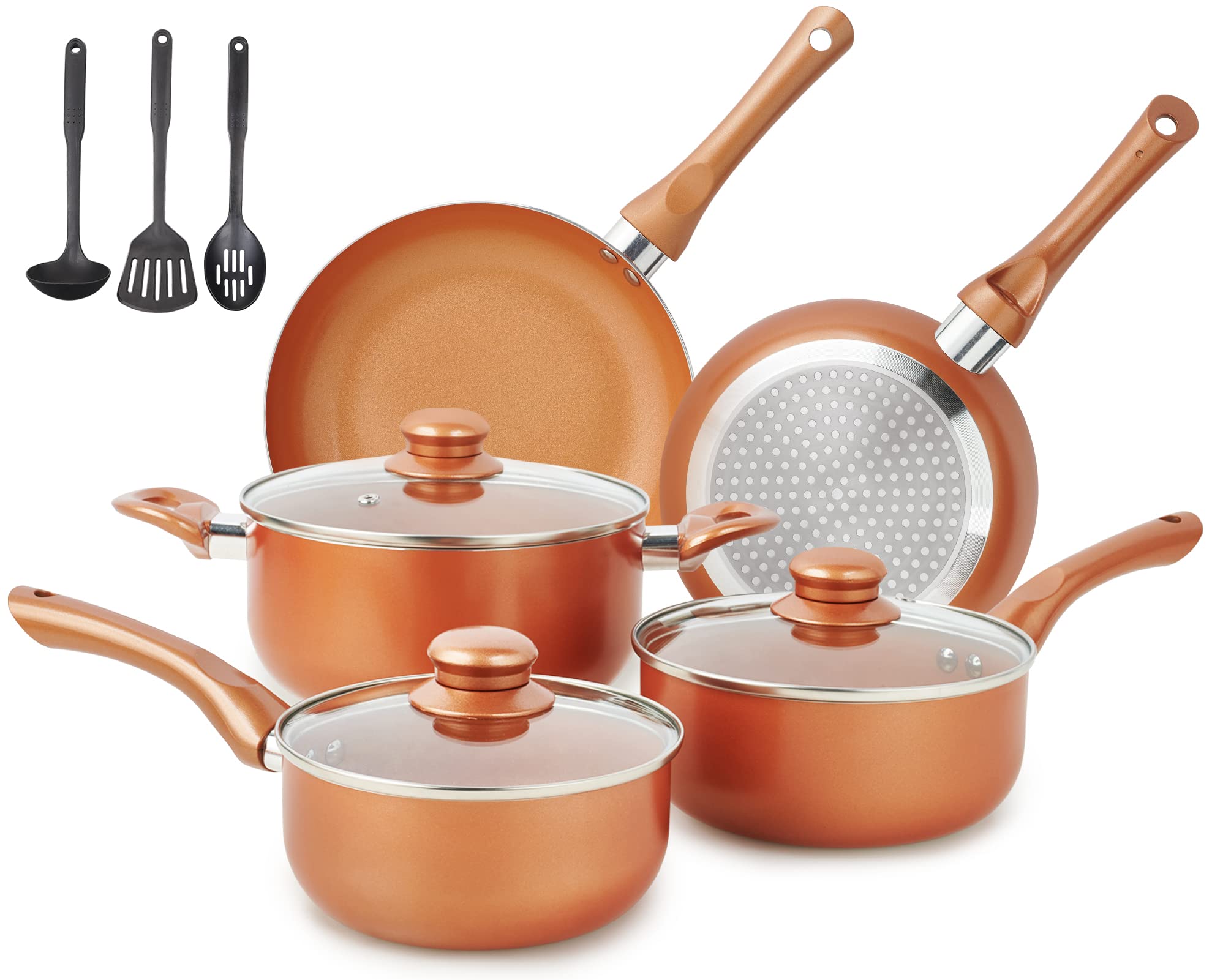 M MELENTA Pots and Pans Set Ultra Nonstick, Pre-Installed 11pcs Cookware Set Copper with Ceramic Coating, Stay cool handle & Nyl