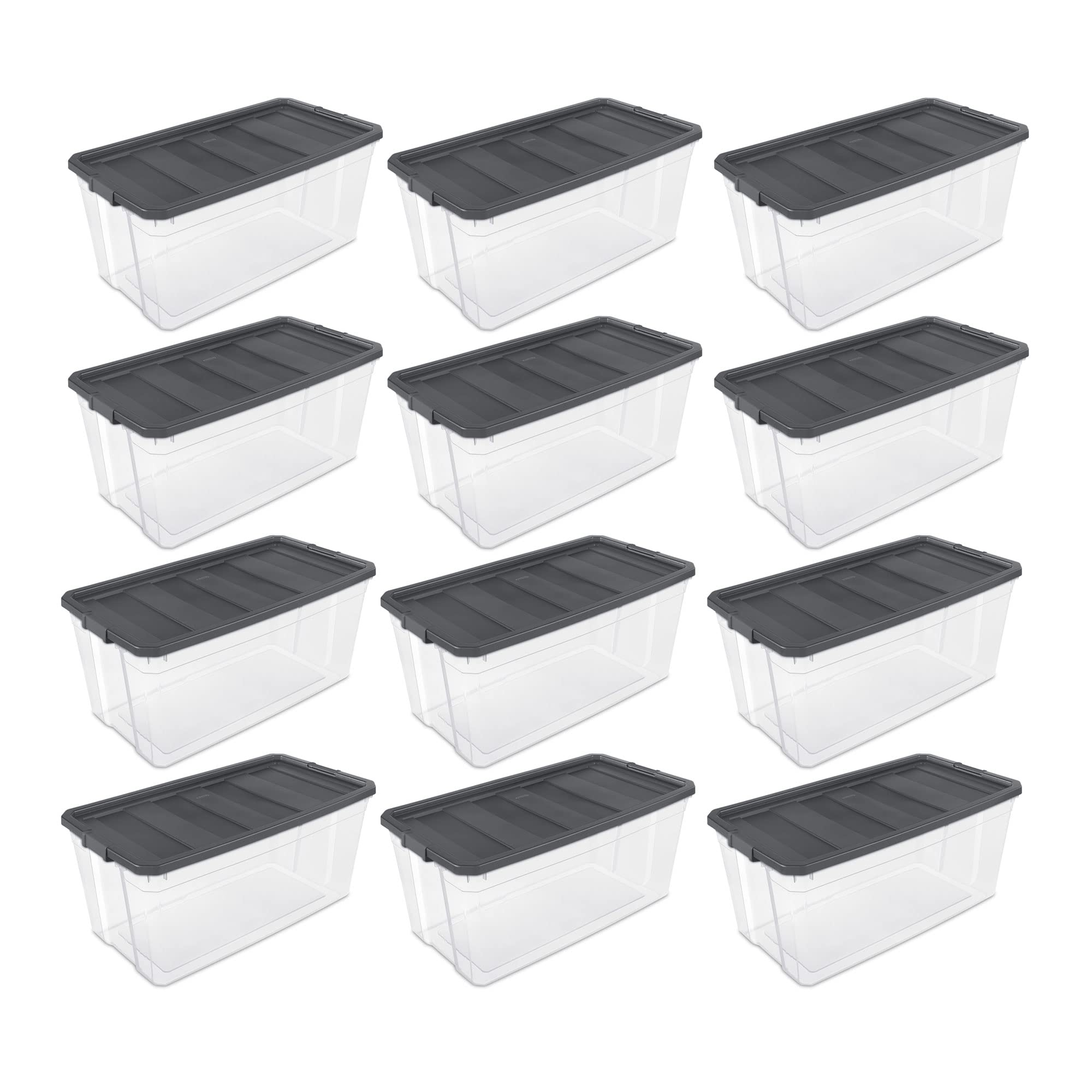 Sterilite 200 Quart Plastic Stacker Box, Lidded Storage Bin Container For Home And Garage Organizing, Shoes, Tools, Clear Base &