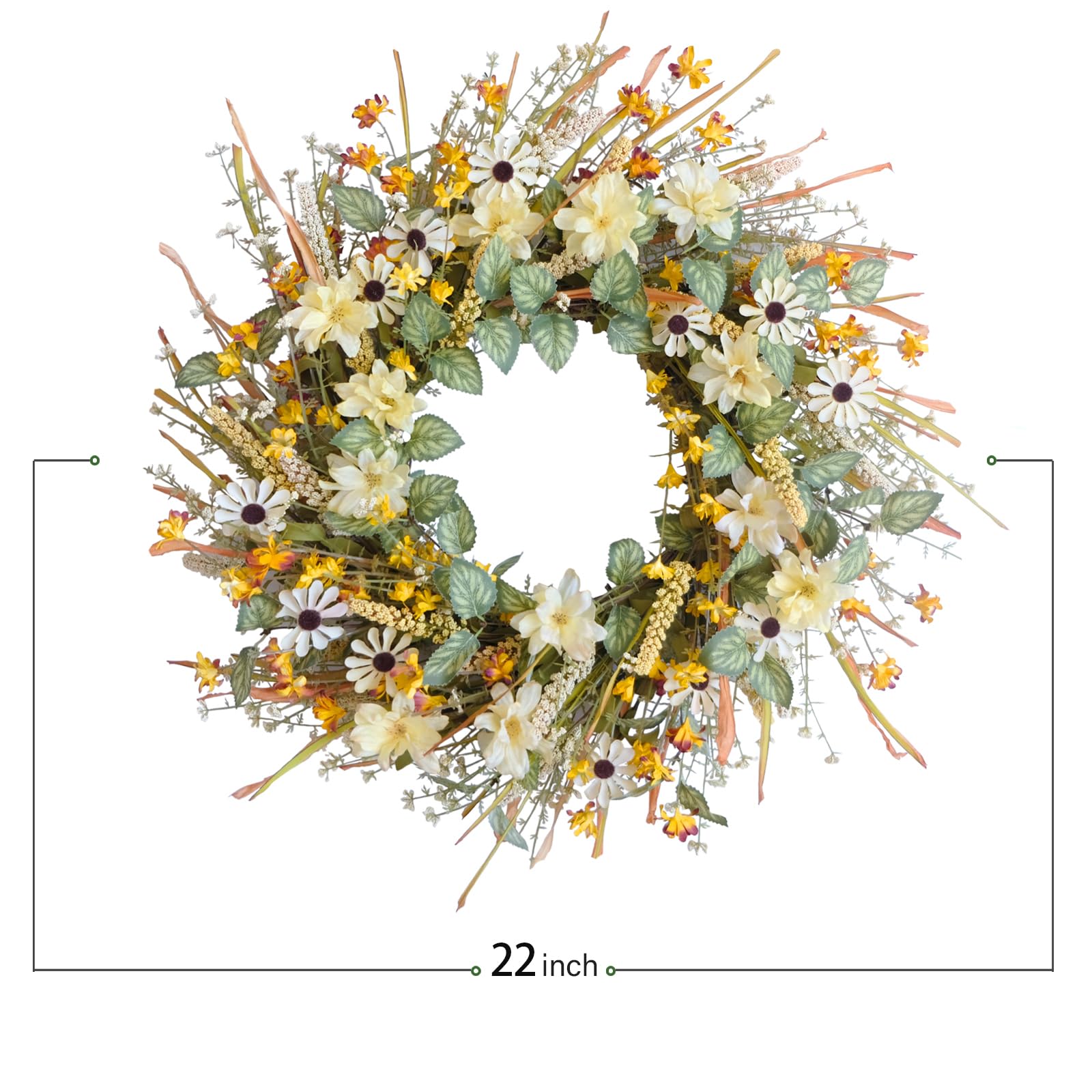 idyllic 22 Inches Fall Front Door Wreath with Yellow and White Daisies Flowers, Ear of Wheat, Green Leaves, Autumn Harvest Wreat