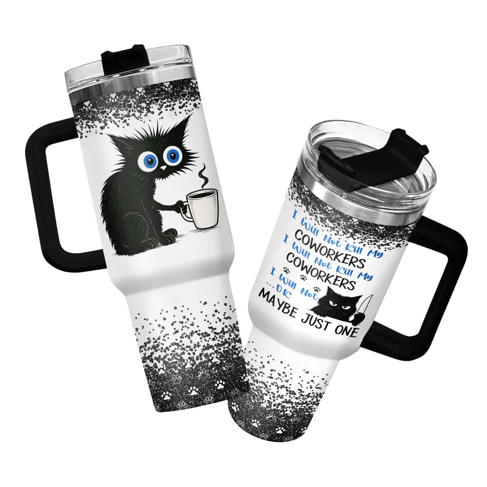 34HD Funny Cat Tumbler with Handle and Straw - I Will Not Harm My Coworkers - 40oz Stainless Steel Insulated Travel Mug - Sarcas