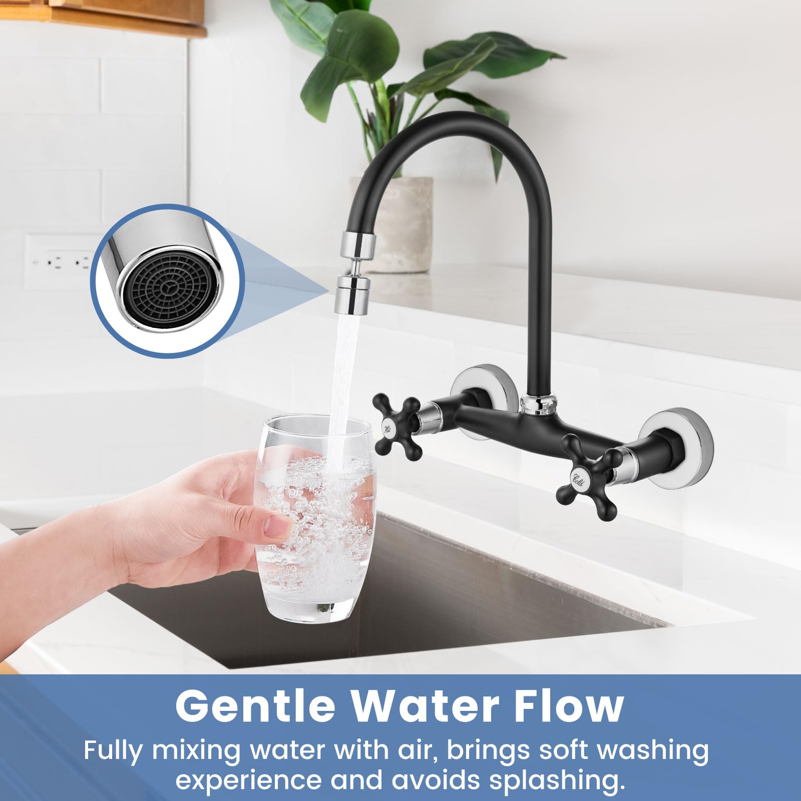 Airuida Matte Black & Polished Chrome Wall Mount Faucet with Sprayer Commercial Kitchen Faucet 8 Inch Center Utility Sink Faucet 360 Degree Swivel Spout Restaurant Sinks Laundry Room Faucet