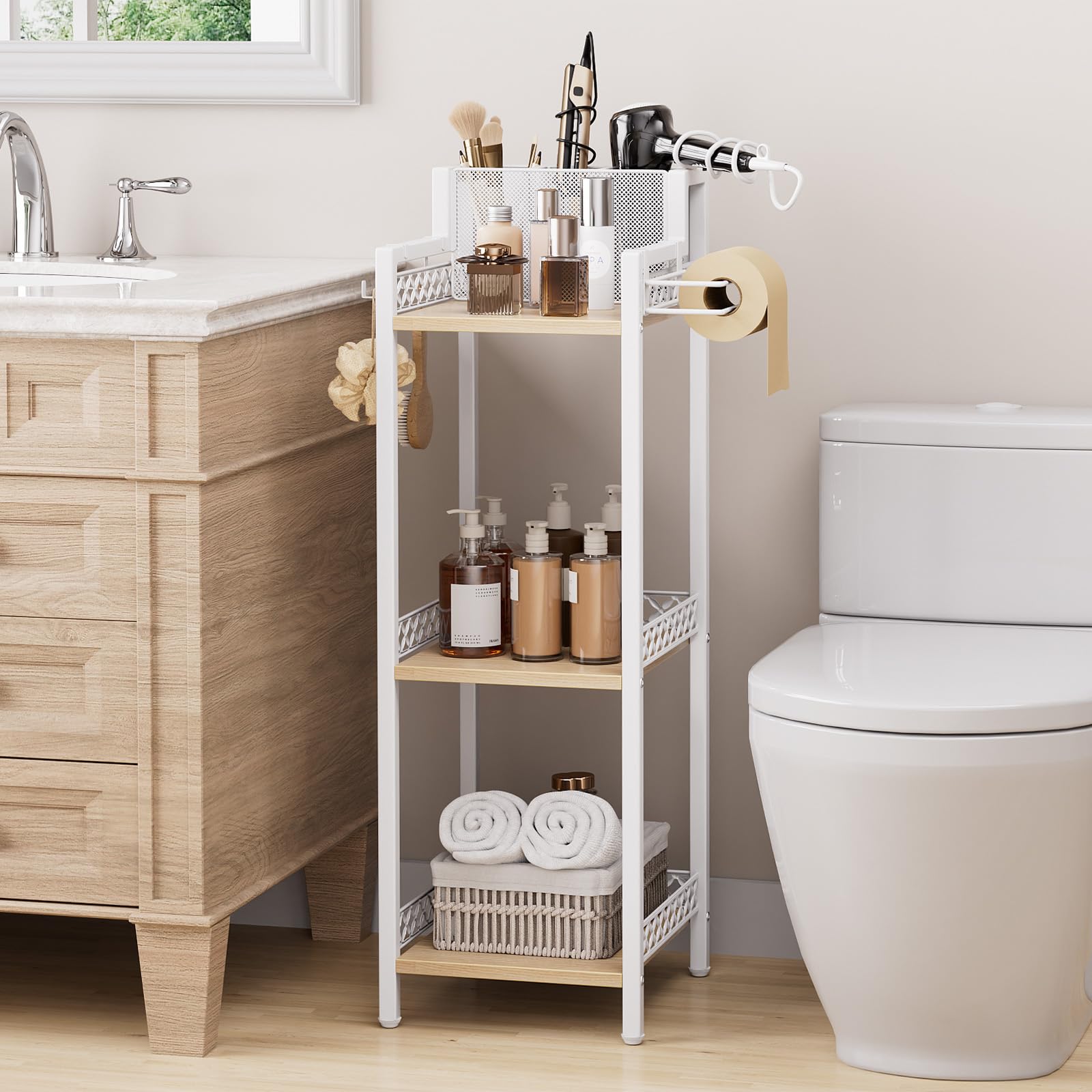 FURFUN Slim Bathroom Storage Shelf Unit, 3 Tier Corner Storage, Rustic Makeup Organizer, Space-Saving Floor Standing Storage She