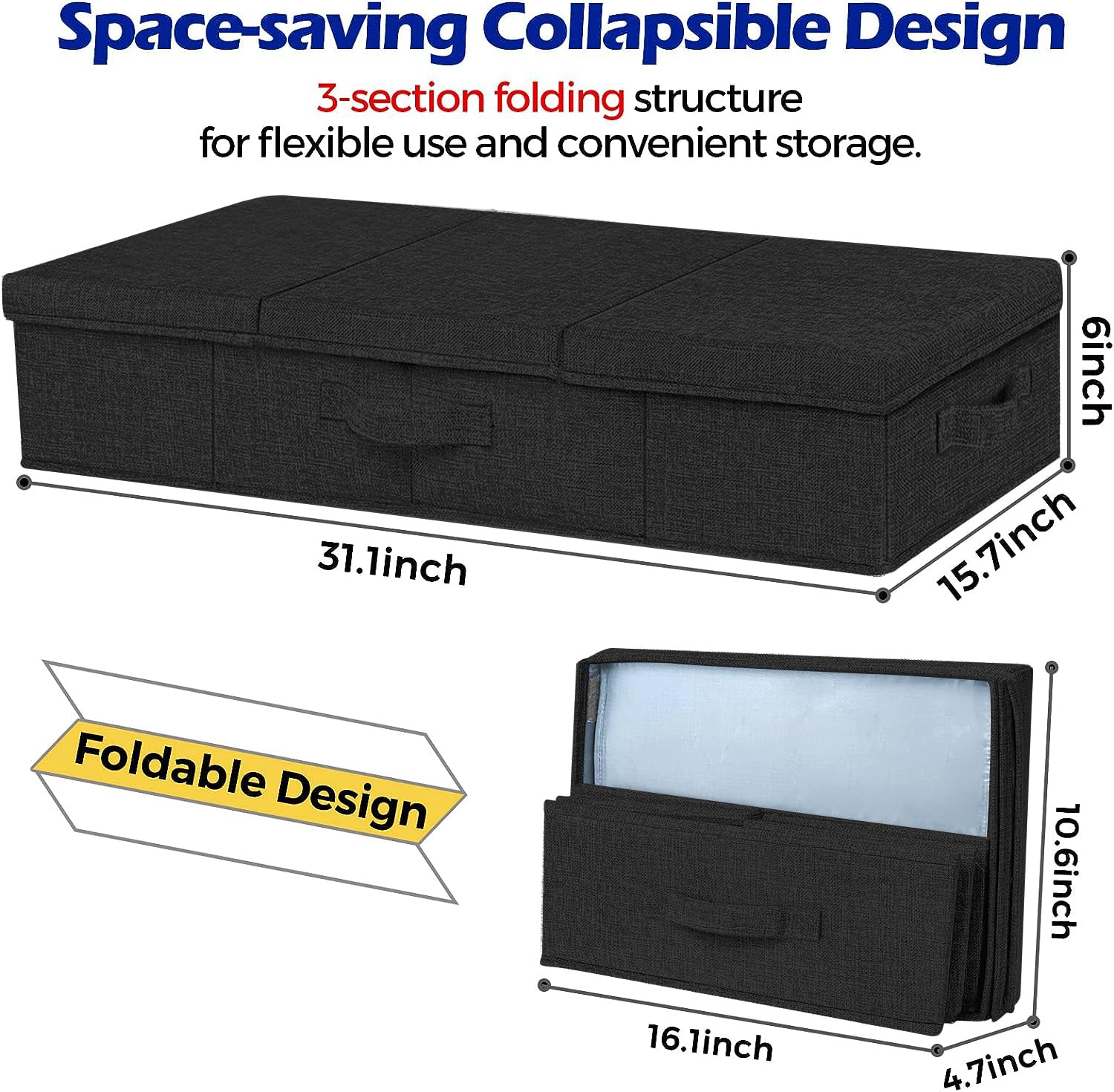 Underbed Storage Containers With Lids, Set of 2 Low Profile Under Crib Storage Bins W/ 3 Handles, Large Sturdy Under Bed Clothes