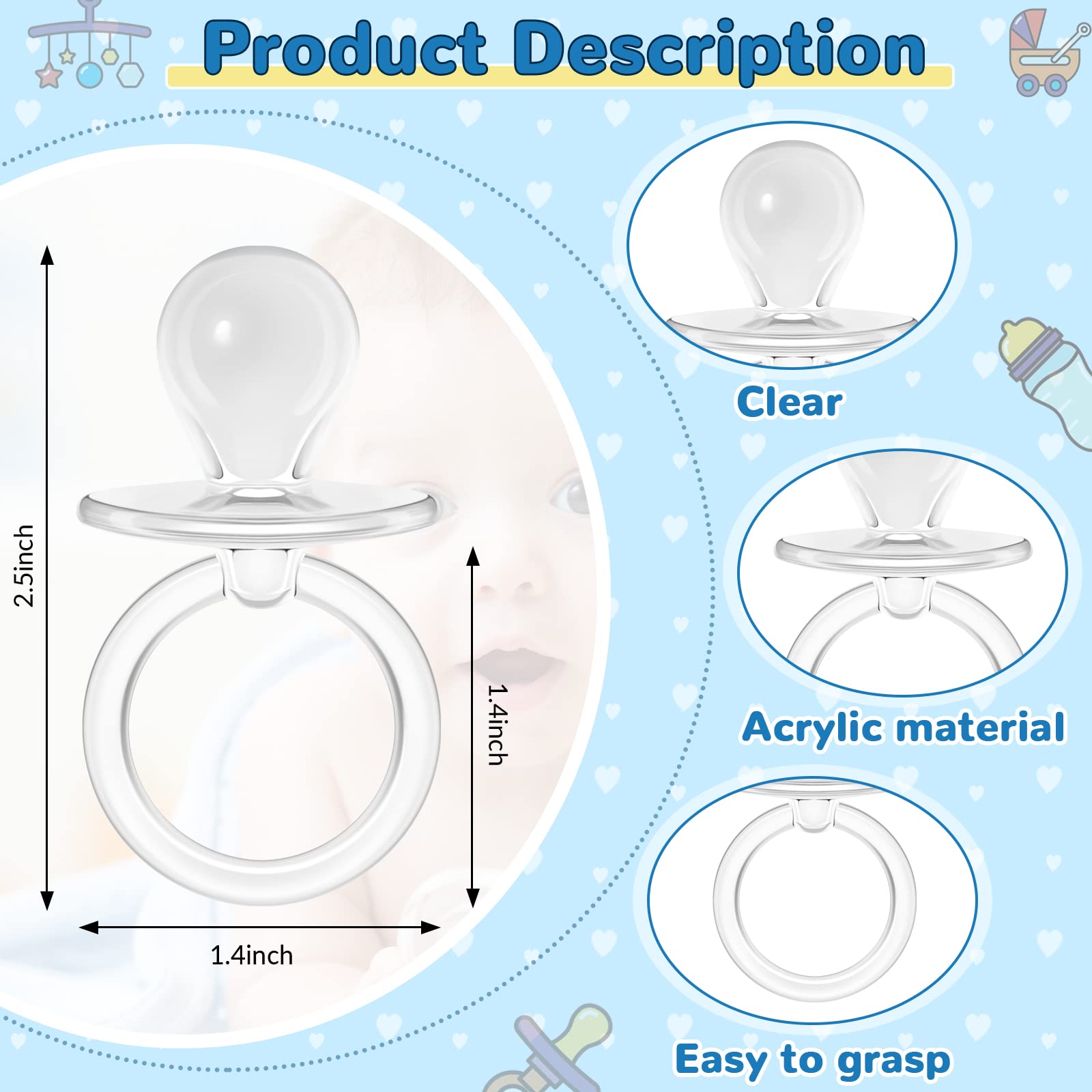 Jetec 48 Pieces 2.5 Inch Acrylic Baby Pacifiers Gender Reveal Party Decorations For Diy Baby Shower Birthday Party Favors(Clear)