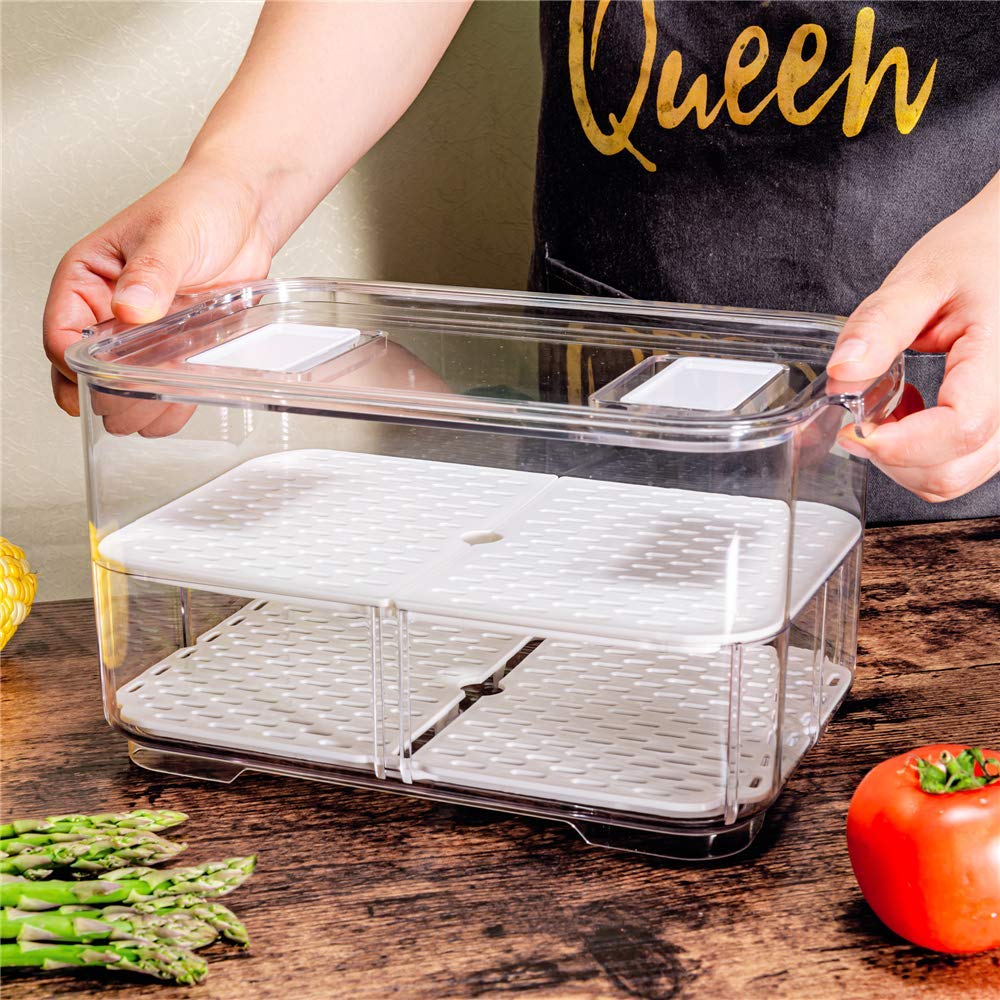 Slideep 9'' Food Storage Containers, 2 Tier Stackable Fridge Produce Saver With Lids, Removable Drain Tray Drawers Refrigerator