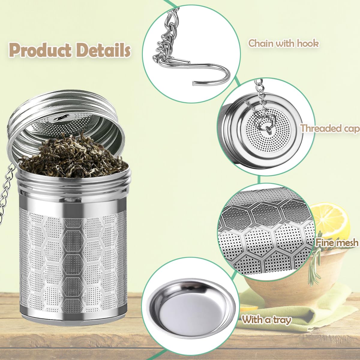 HAWOWZ 2 Pack Stainless Steel Tea Infusers - Extra Fine Mesh Strainers with Drip Trays, Standard Size, Silver