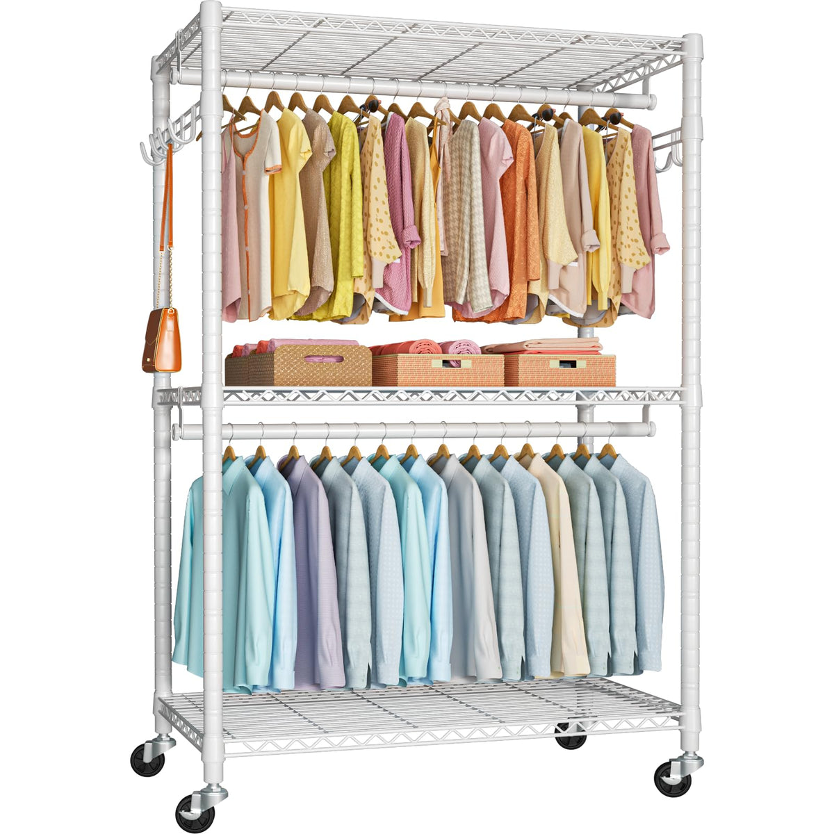 Futassi P1 Plus Rolling Clothes Rack, 22Mm Diameter Heavy Duty Garment Rack With Wheels, Portable Closet Wardrobe With Double Ro