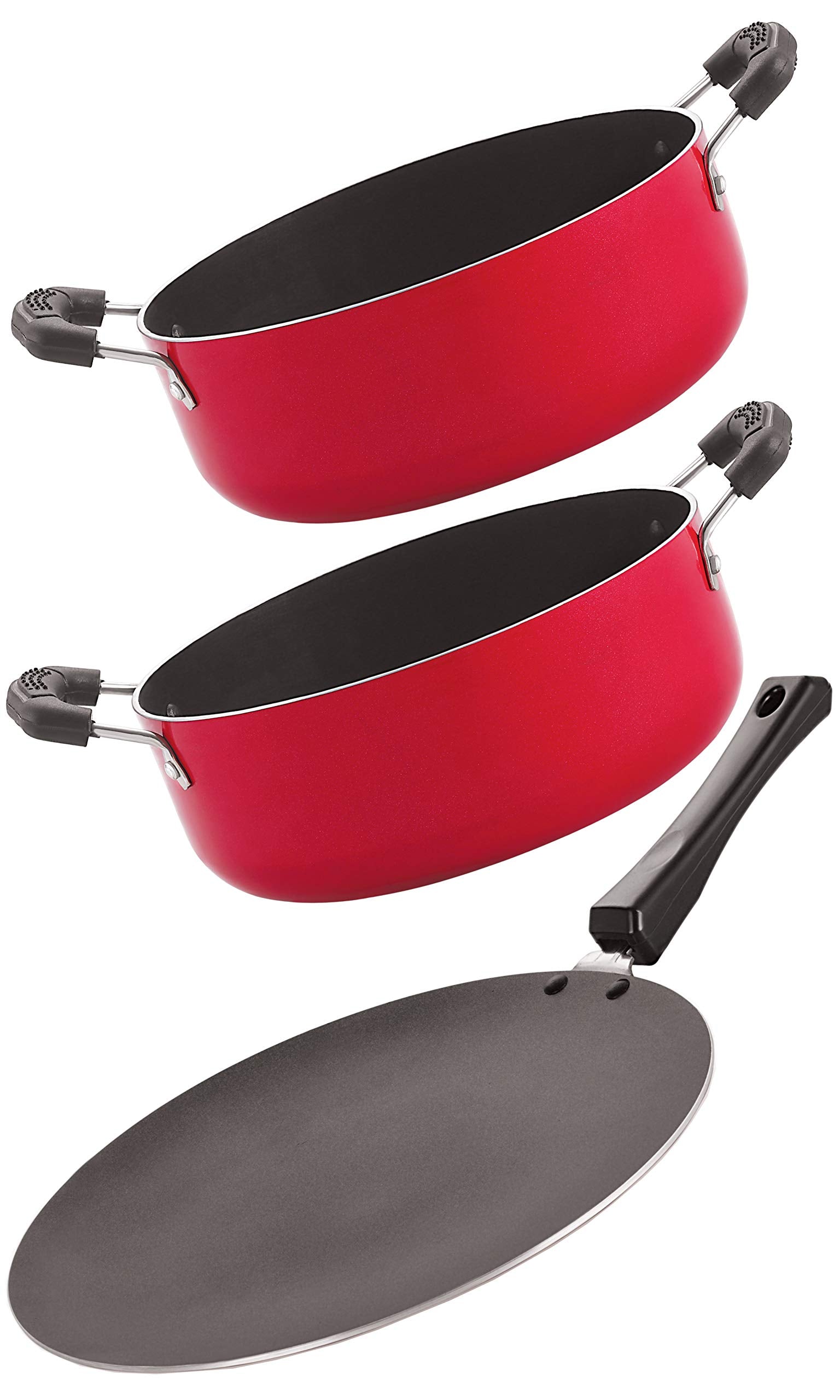 Nirlon Nonstick Cookware Pots & Pan Combo 3 Pieces Set With Bakelite Handle(Concave Tawa 28.5Cm + Casserole 2.1 Ltr + Casserole 