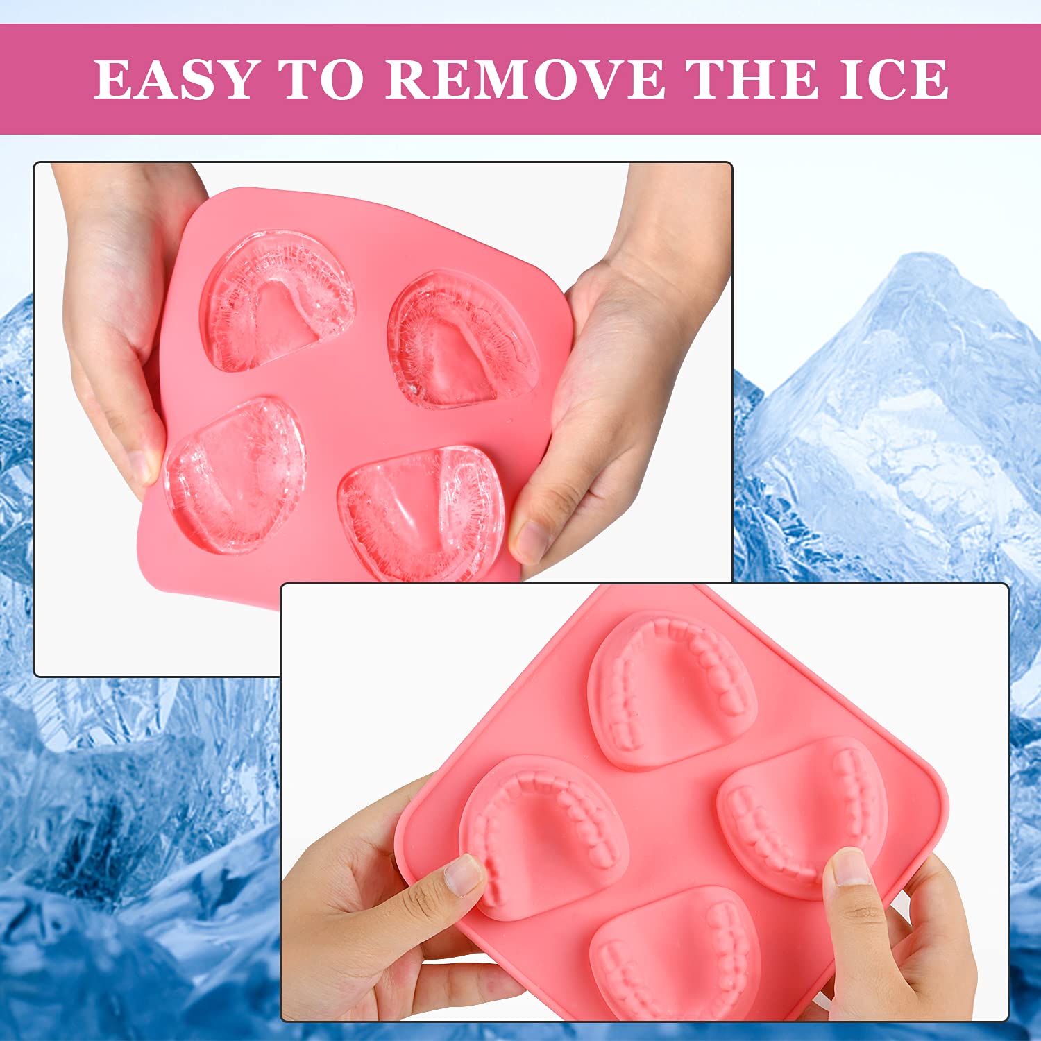 Milkary 4 Pack Ice Cube Trays, Teeth Silicone Ice Mold Denture, Large Reusable Ice Trays Funny Gag Gift For Dentist Party Favor