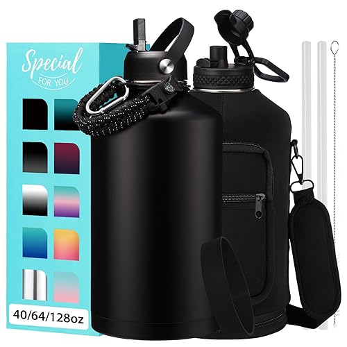 1 Gallon Insulated Water Bottle with Straw - 128oz 64oz Water Jug with Handle Paracord  Straw Spout Lids  Bottle Carrier  Double Walled Stainless Steel Hydro Bottle  Metal Gallon Water Bottle Large