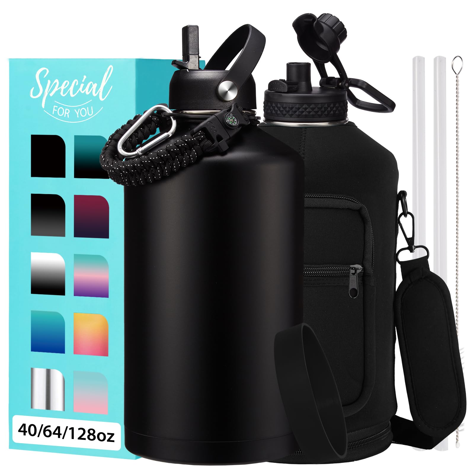 1 Gallon Insulated Water Bottle with Straw - 128oz 64oz Water Jug with Handle Paracord  Straw Spout Lids  Bottle Carrier  Double Walled Stainless Steel Hydro Bottle  Metal Gallon Water Bottle Large