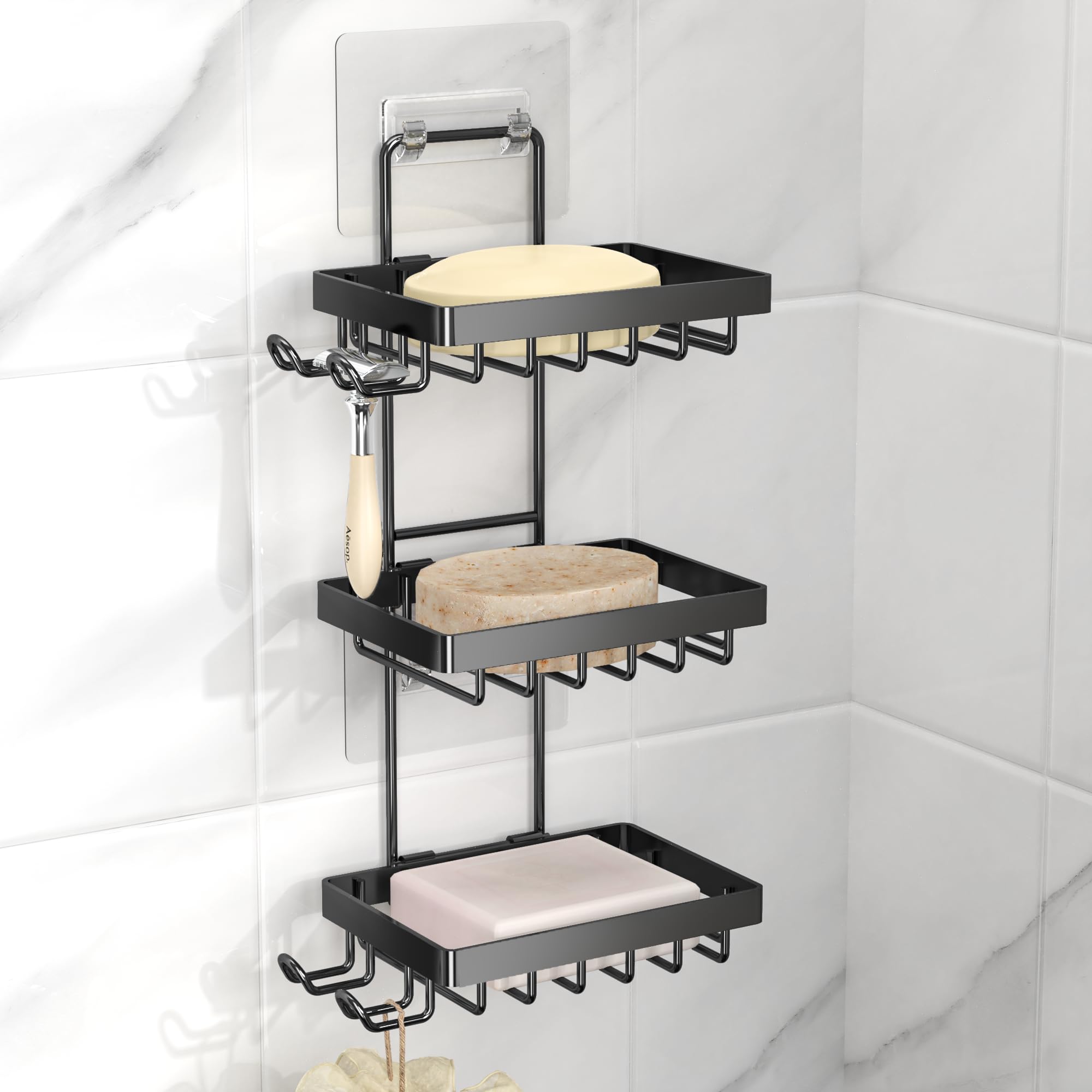 Moforoco Soap Dish Holder For Shower Wall, No Drilling, 3-Tier 304 Rustproof Stainless Steel, Soap Bar Holder With 4 Hooks And R