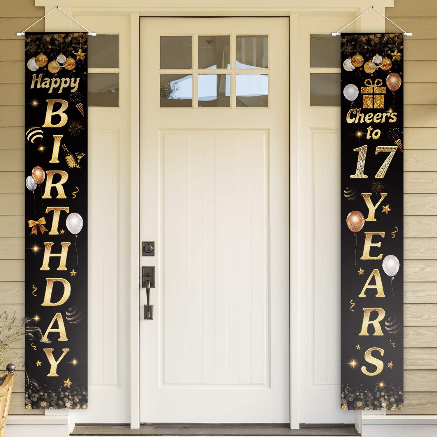 Happy Birthday Cheers To 17 Years Black Gold Yard Sign Door Banner 17Th Birthday Decorations Party Supplies