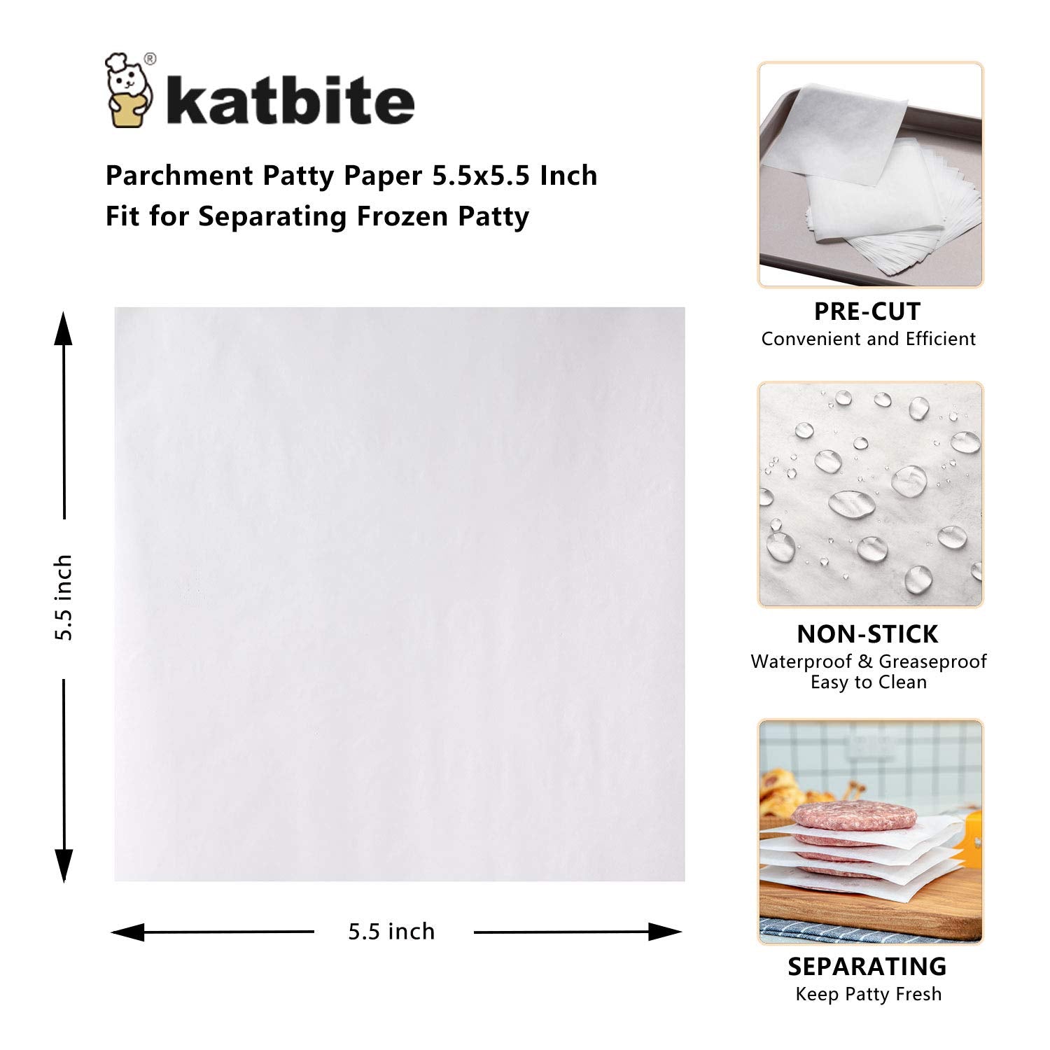 Katbite Hamburger Patty Paper 1000Pcs, 5.5''X5.5'' Non Stick Parchment Paper Squares Sheets For Patty Seperate, Burger Press, Gr